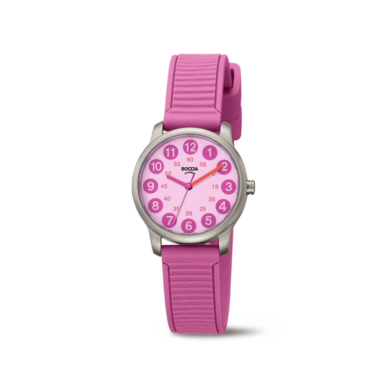 Boccia Titanium 3373-04 Kids Roze
Dit kinderhorloge van Boccia heeft een speelse uitstraling. De 3373-04 heeft een ronde titanium horlogekast van 28mm met een lichtroze wijzerplaat waarop de uren en minuten duidelijk zijn aangegeven met felle roze kleuren. Een perfecte manier om met dit Boccia horloge klok te leren kijken. De roze bewerkte siliconenband met een gespsluiting maakt het dragen gemakkelijk. Het horloge heeft een mineraalglas en is 5ATM.

HET MERK
Boccia Titanium is het titanium merk van Nederland, dat zijn oorsprong in Duitsland vindt en is opgericht in het jaar 1992. Ontwikkeld door internationale ontwerpers. Alle titanium componenten van de BOCCIA TITANIUM collectie zijn gemaakt van 99,7% puur titanium; het bijzondere materiaal. Het is licht in gewicht, neemt de temperatuur van de huid aan en is zeer huidvriendelijk. Bovendien is het corrosie- en temperatuurbestendig.

SPECIFICATIES
- Mineraalglas
- Ronde titanium horlogekast, Ø 28mm
- Roze siliconenband
- Roze wijzerplaat
- 5ATM