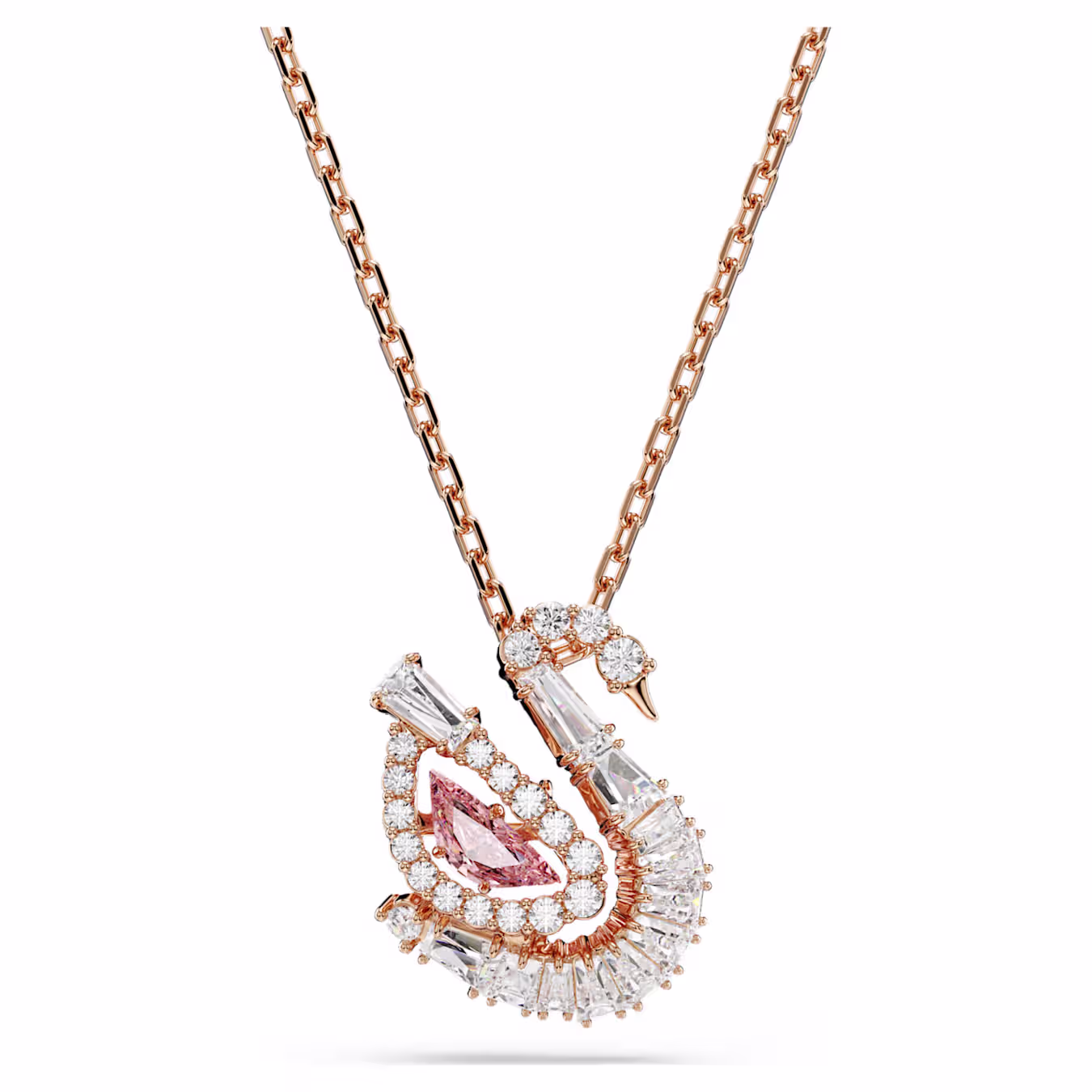 Deze hanger geeft de gracieuze beweging van Swarovski’s iconische zwaan weer. Het centrale motief, dat aan een collier met roségoudkleurige toplaag hangt, onthult een elegant silhouet, versierd met heldere Swarovski Zirkonia en een roze dansende steen in swan body-slijpvorm. Dit stralende detail zorgt voor een eindeloze beweging van kleur en licht en laat uw stijl op elk moment stralen.
Artikelnr.: 5732414
Collectie:  Swan
Lengte (minimum - maximum): 38 - 7 cm
Formaat motief: 1.7 x 1.4 cm
Materiaal:  Roségoudkleurige toplaag, Zirkonia
Kleur:  Roze
Type sluiting:  Karabijn