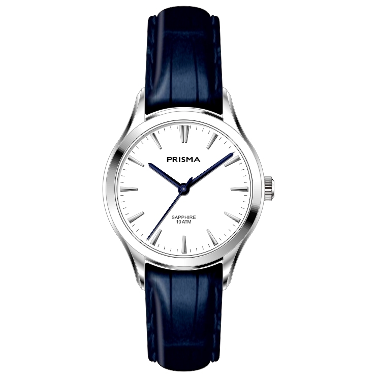 Prisma horloge 2012 dames edelstaal saffierglas 10 ATM 

Algemeen
Geslacht: dames
Model: P.2012

Voordelen
- band echt leer blauw
- wijzerplaat wit met zilvere streepjes
- boven gem. waterdicht: zwemmen/duiken
- glas is zeer krasvast
- quartz
- maat kast 27,06mm (breedte) 7,6mm (dikte)

