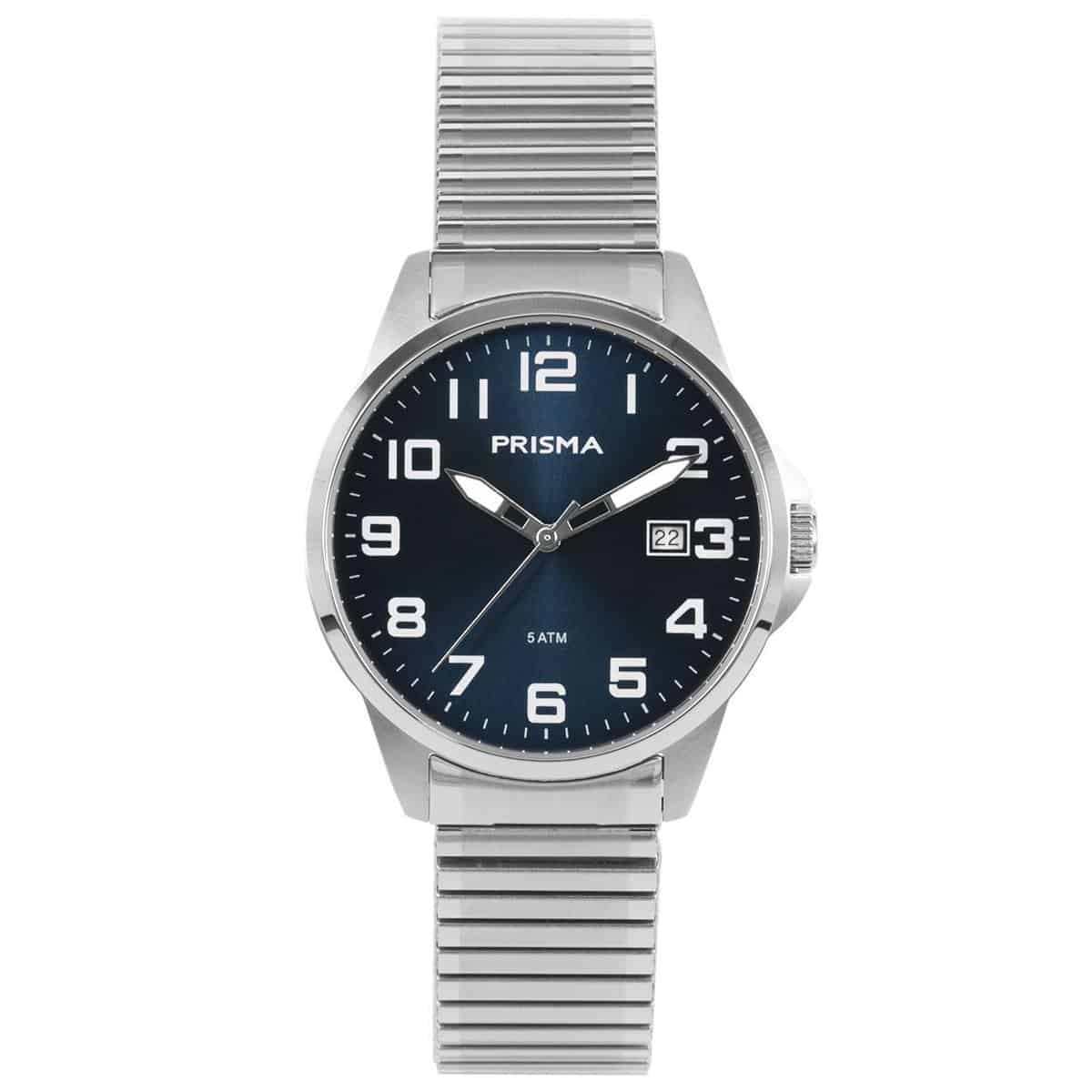Prisma horloge P.1481 heren edelstaal 5 ATM 

Algemeen
Geslacht: heren
Model: P1481

Voordelen
- rekband sluit naadloos aan op de huid
- band edelstaal zilver
- wijzerplaat blauw met witte cijfers (arabisch)
- wijzers lichten op in donker- datum
- duidelijke tijdsweergave
- spat waterdicht: handenwassen, regen
- quartz
- maat kast 38mm (breedte) 9,5mm (dikte)

