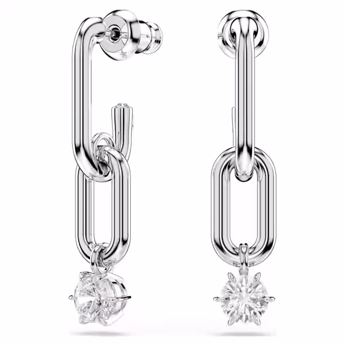 Deze speelse oorbellen zijn een perfecte keuze voor onverwachte styling. Elk stuk bestaat uit twee met elkaar verbonden schakels met rhodium toplaag en een Swarovski Zirkonia in klauwzetting die er elegant onder hangt. Het is een slanke, metallic look voor elke gelegenheid, met een extra vleugje Swarovski-licht.