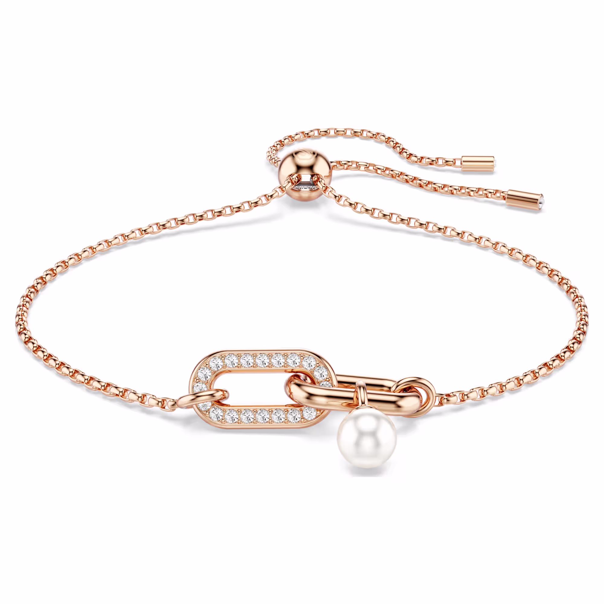 Deze Constella-armband, ontworpen voor pure elegantie, heeft een roségoudkleurige toplaag en twee met elkaar verbonden schakels, waarvan één is versierd met een heldere pavé. Een enkele Swarovski Crystal Pearl hangt er delicaat onder, terwijl de schuifsluiting zorgt voor een verstelbare pasvorm. Combineer deze armband met bijpassende oorbellen of een hanger uit dezelfde lijn voor een harmonieuze look.