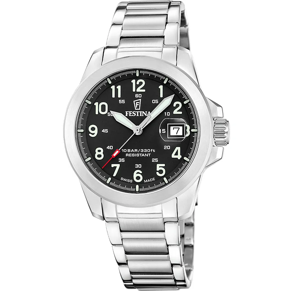 This Festina watch has a case made of stainless steel with a diameter of 42 mm and is fitted with a metal band. Inside the case lies a Ronda movement and the watch features a Single anti-reflective sapphire crystal.
The watch is 10 ATM. This means the watch is suitable for swimming. The watch comes with 2 Year Warranty.
.