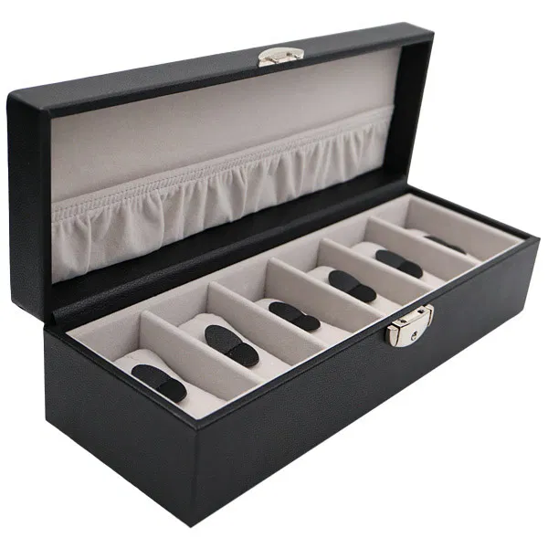 Een mooie horlogebox voor 6 horloges, in zwart kunstleer. De horloges worden om een met velours bekleed kussentje gebonden, waardoor ze netjes blijven.