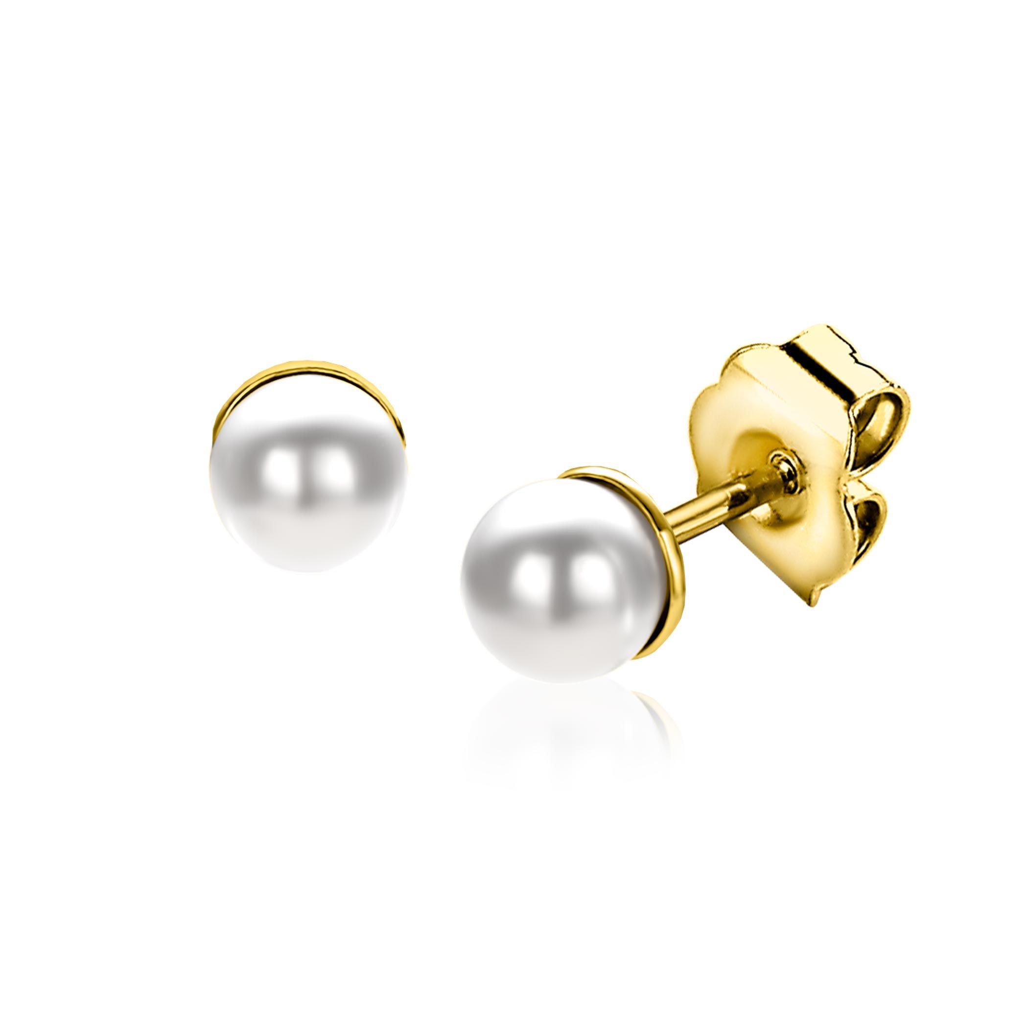 ZINZI gold plated zilveren oorknoppen met 6mm ronde witte glasparel. Deze oorknoppen zijn vervaardigd van sterling 925 zilver en extra geel verguld.