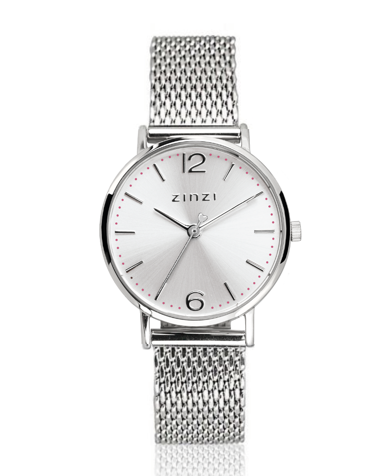 ZINZI Lady horloge zilvergekleurde wijzerplaat en kast stalen mesh band 28mm extra dun ZIW602M
het horloge is zoals op de eerste foto