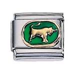 Zoppini - 9mm - horoscoop stier

staal met 18krt. goud
model   : horoscoop stier groen emaille
hoogte : 9mm