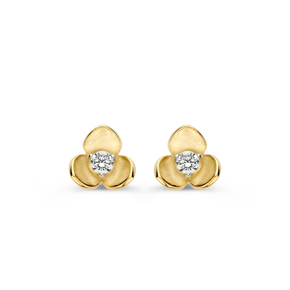 Elegante, geelgouden oorstekers in bloemvorm. De oorbellen hebben een gematteerde finish en bevatten een fonkelende zirkonia in het hart van de bloem.
