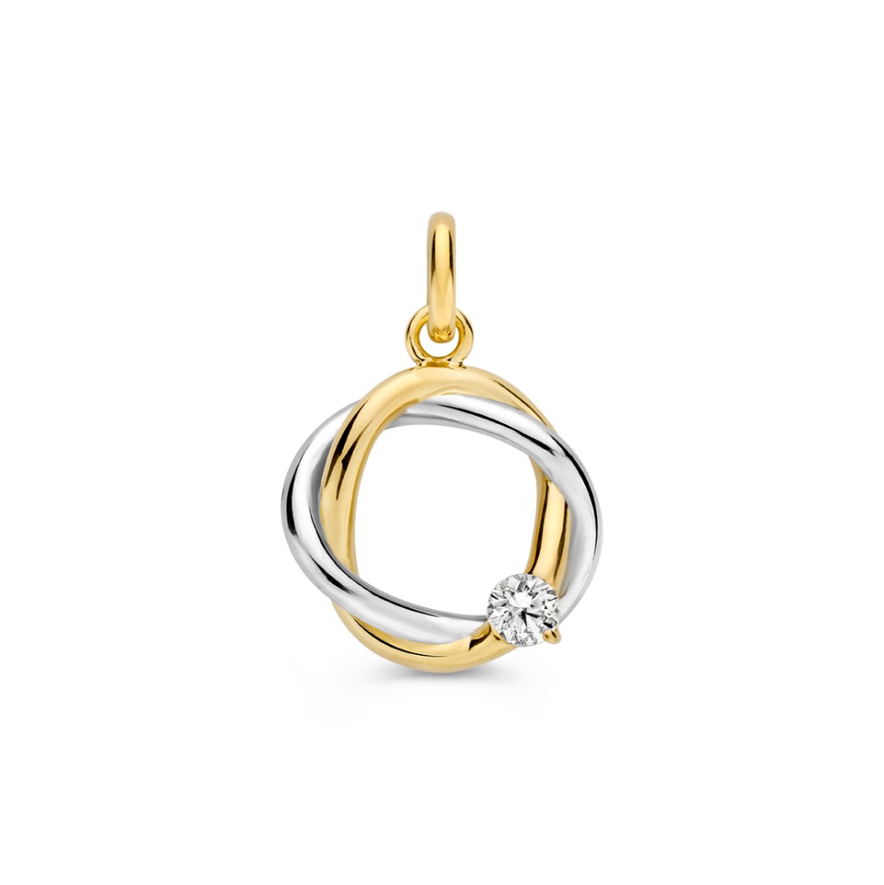 Speelse bicolor wit- en geelgouden hanger met twee gouden banen die getwist zijn. De hanger bevat een fonkelende zirkonia.
