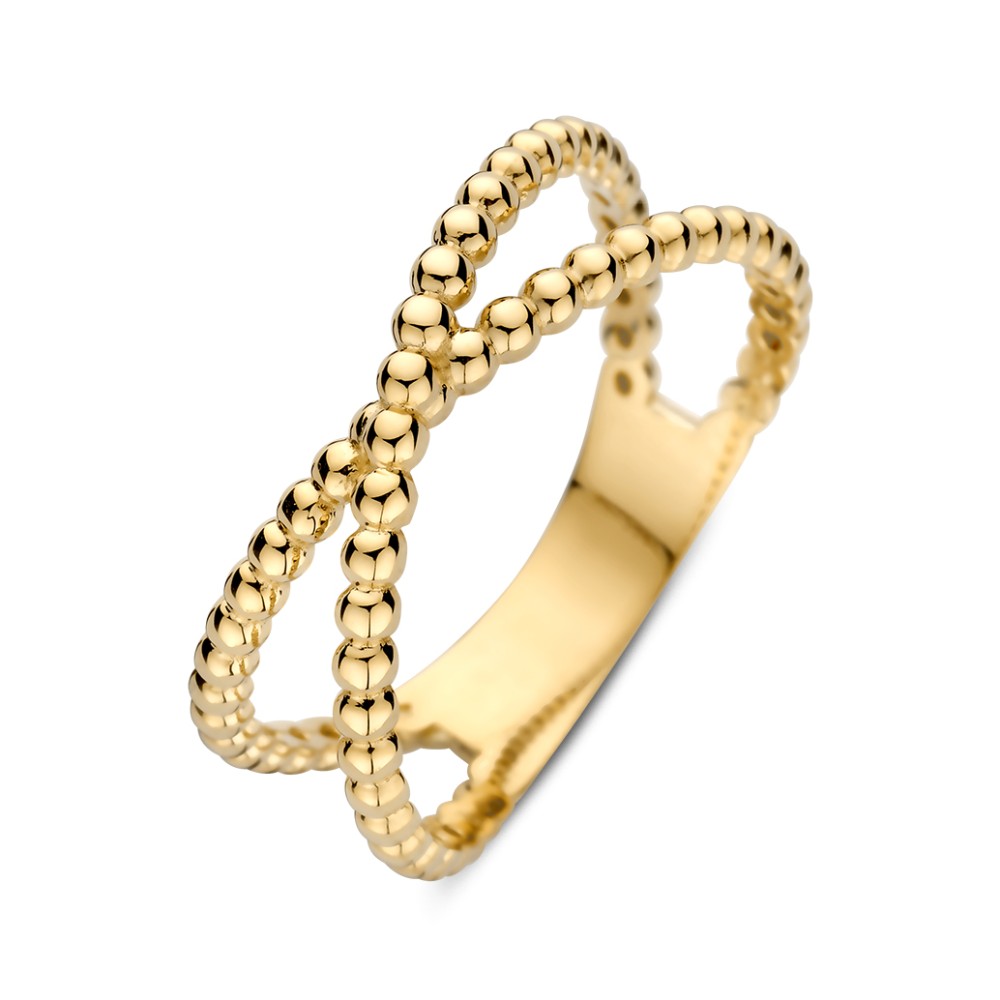 Stijlvolle gelgouden ring met twee gekruiste banen. De banen hebben een bolletjespatroon.
