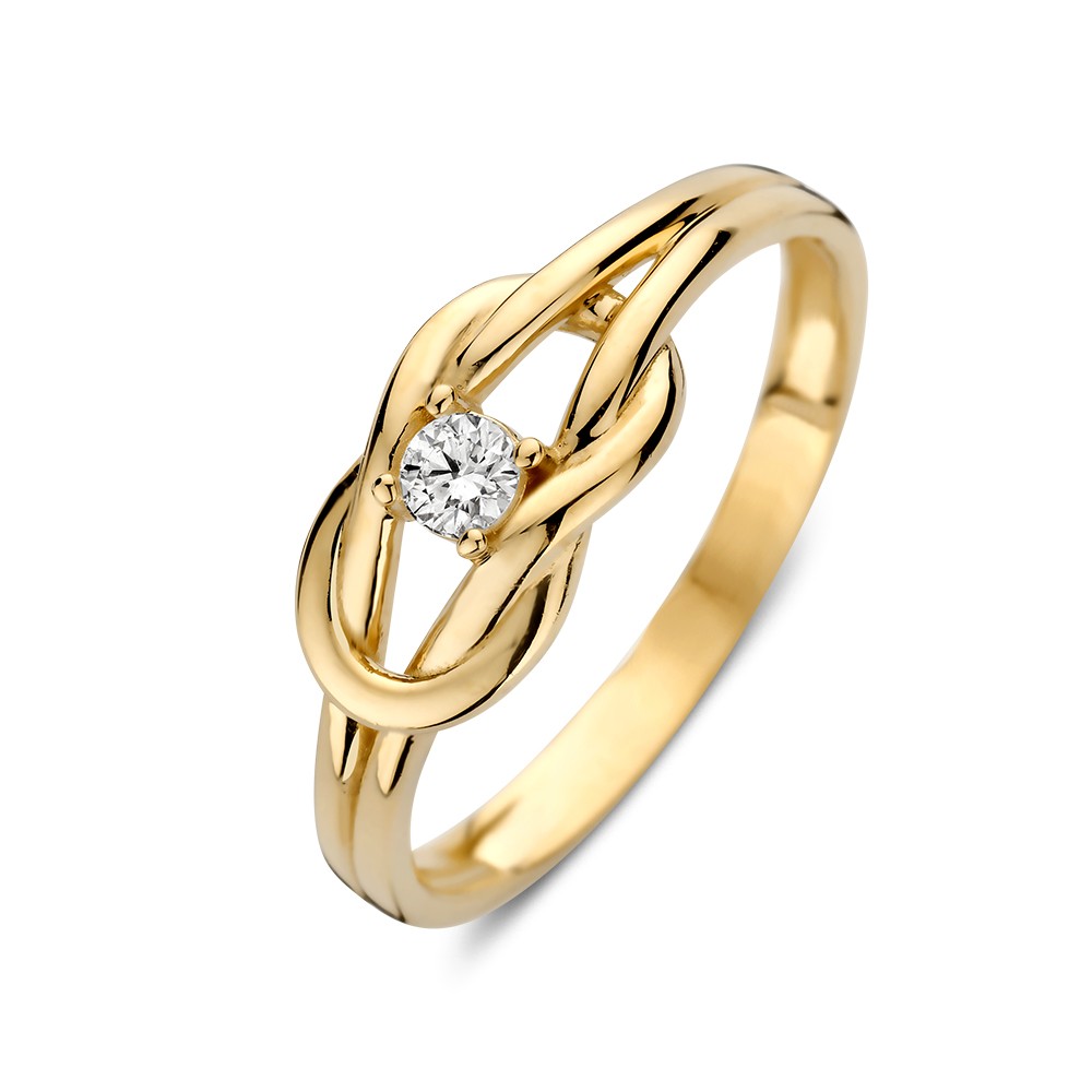 Speelse, geelgouden ring met een knoop. De ring is gezet met een fonkelende zirkonia.
