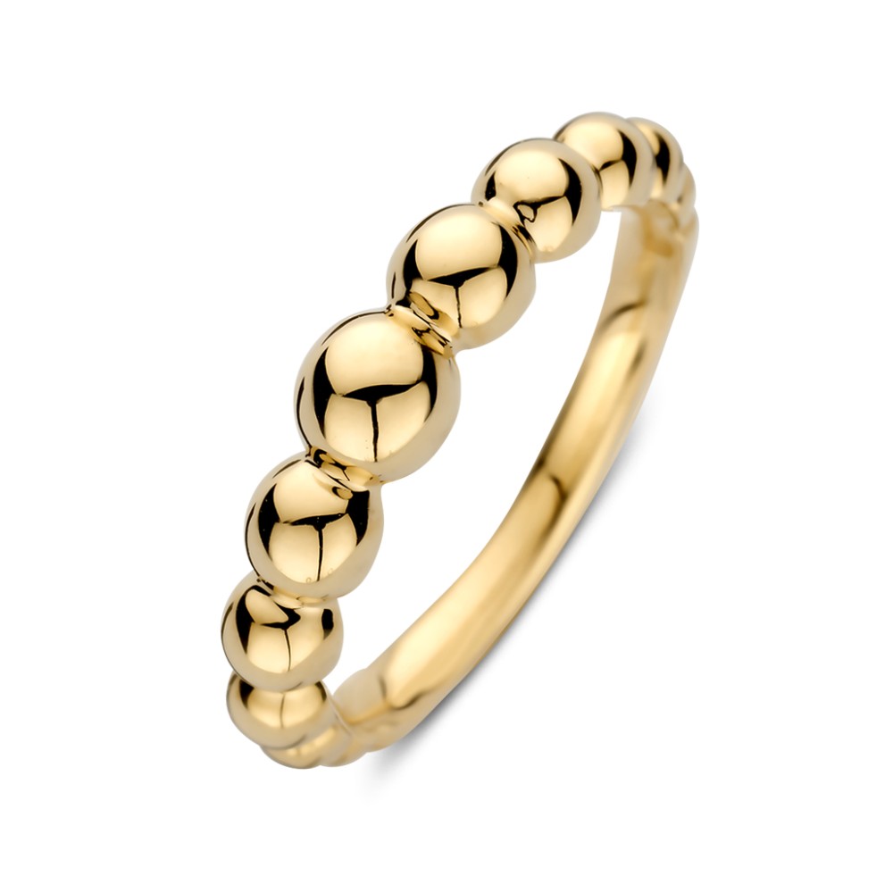 Stijlvolle, geelgouden ring met bolletjespatroon.
