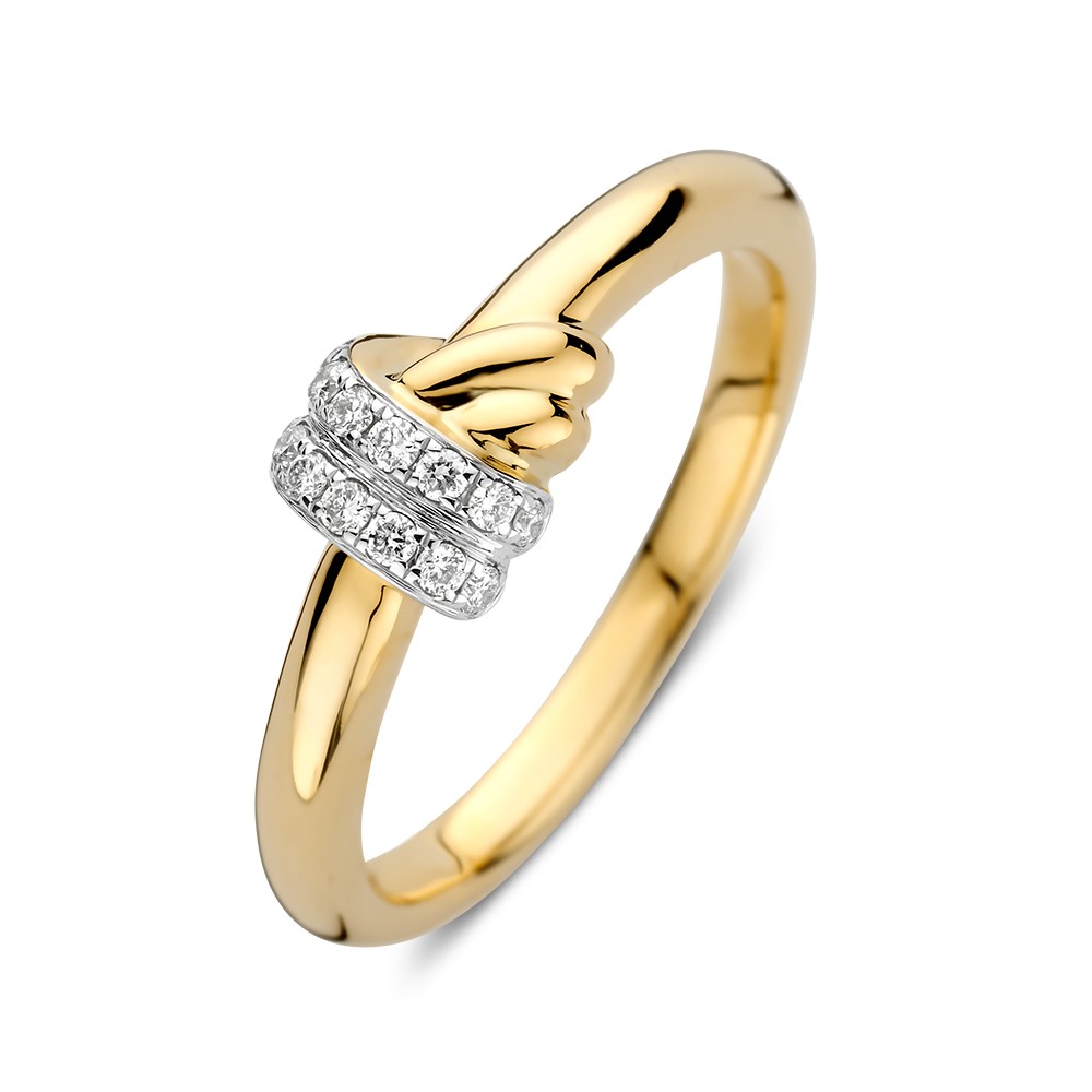 Speelse geelgouden ring met bovenop een knoop in wit- en geelgoud. Het witgouden gedeelte is gezet met fijne diamanten.
