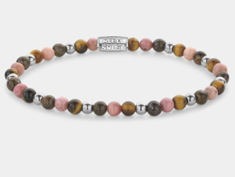 Bead armband, handgemaakt van 4mm stenen (Hematiet, Tijgeroog, Rhodochrosiet en Bronziet) met een zilverkleurige edelstalen sluiting. Het Rebel & Rose sieraad is makkelijk te combineren met onze andere kralenarmbanden.