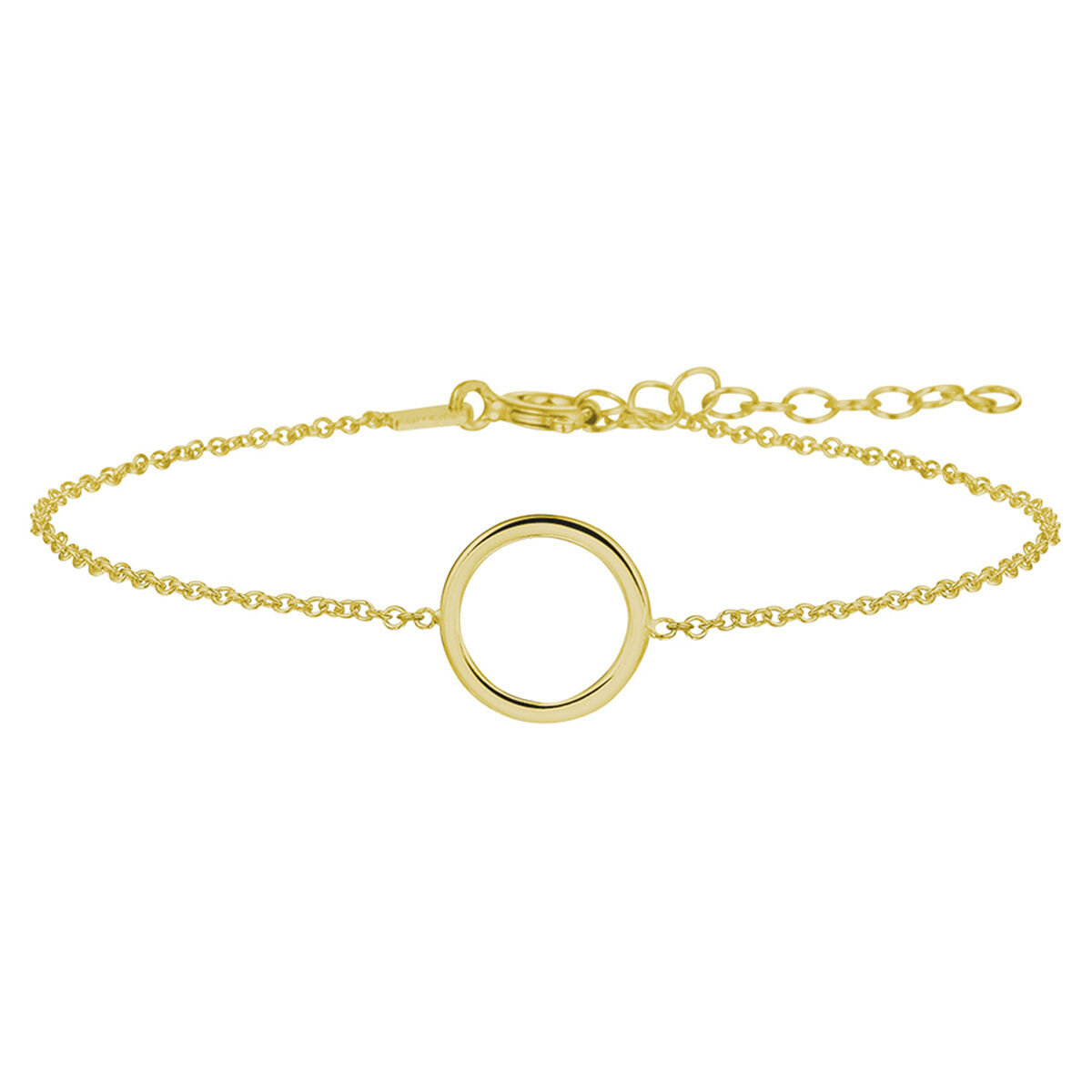 Verguld op 925 zilveren armband uitgevoerd met een rondje. De armband heeft een draaglengte van 16cm met een extensie van 3cm. Het rondje heeft een diameter van 11mm. De schakelbreedte is 1.3mm. Geen garantie op plating.