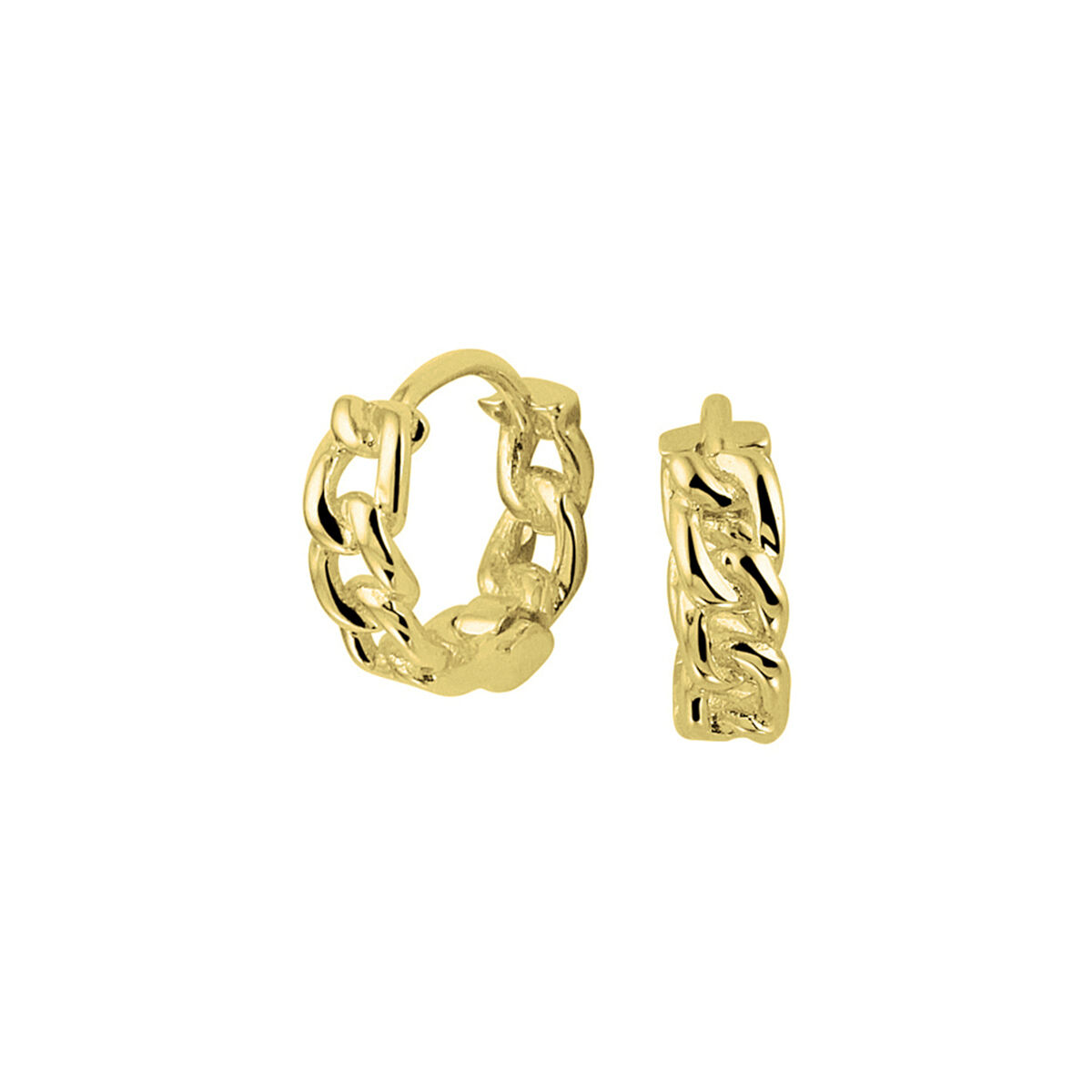 Trendy verguld op zilveren klapoorringen met een schakelmotief en een stevige scharniersluiting. De klapoorringen zijn goed te combineren met bijpassende sieraden uit onze collectie. Geen garantie op plating.