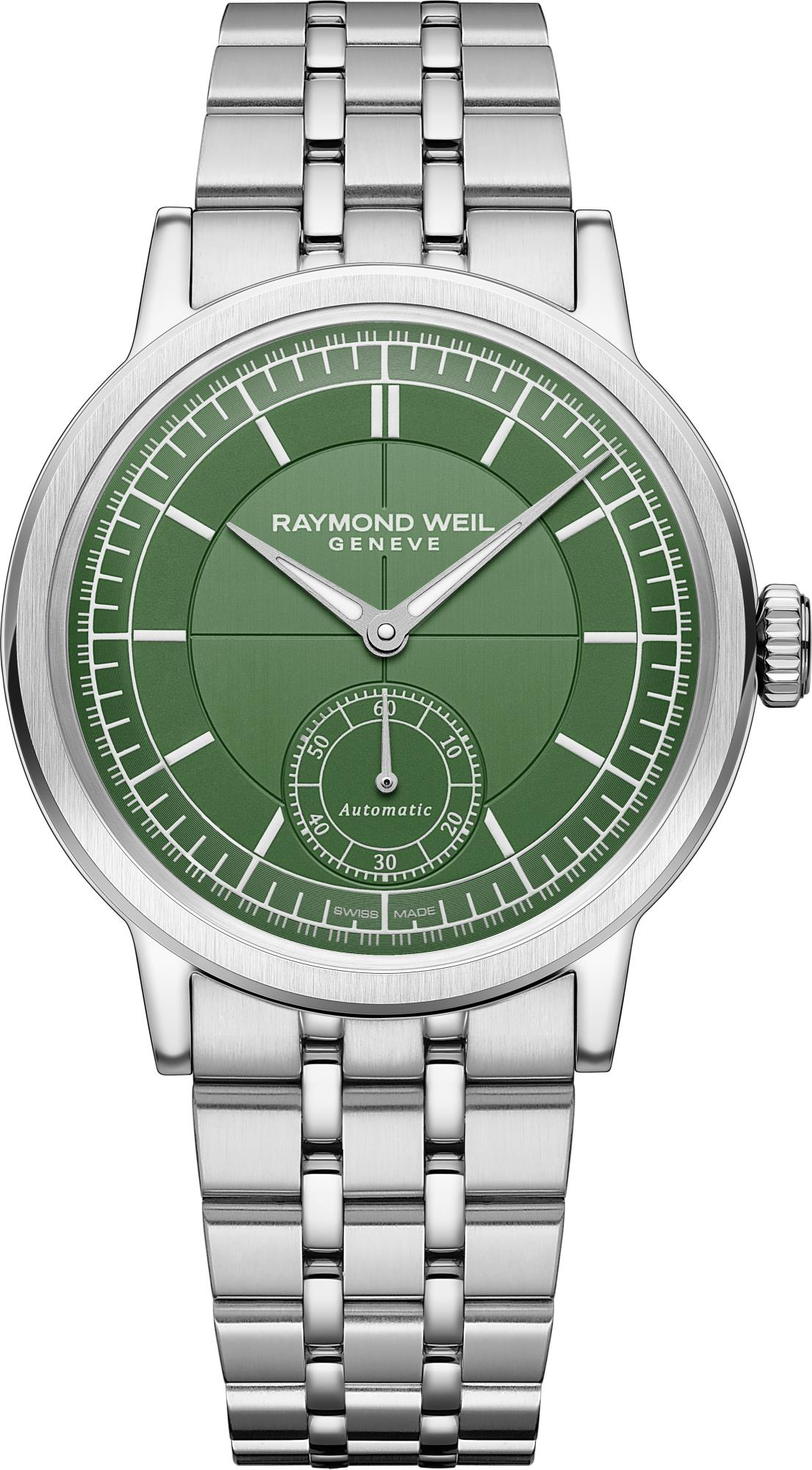 Dit is een horloge van het merk Raymond Weil gemaakt voor heren.
De specificaties zijn als volgt:
Kastmaat: 39,5 mm
Kastdikte: 10,25 mm
Waterdichtheid: 5 ATM / 50 Meter / 165 Feet
Collectie: Millesime
Glassoort: Bol geslepen Saffierglas met dubbelzijdige anti-reflectie coating
Kastmateriaal: edelstaal 
Techniek: Mechanisch zelfopwindend door arm en polsbeweging
Gangreserve: 38 uur
Kastvorm: rond
Wijzerplaat: Sector wijzerplaat British Racing Green
Index: Streep 
Band: Schakelband  
Sluiting: Vlindersluiting