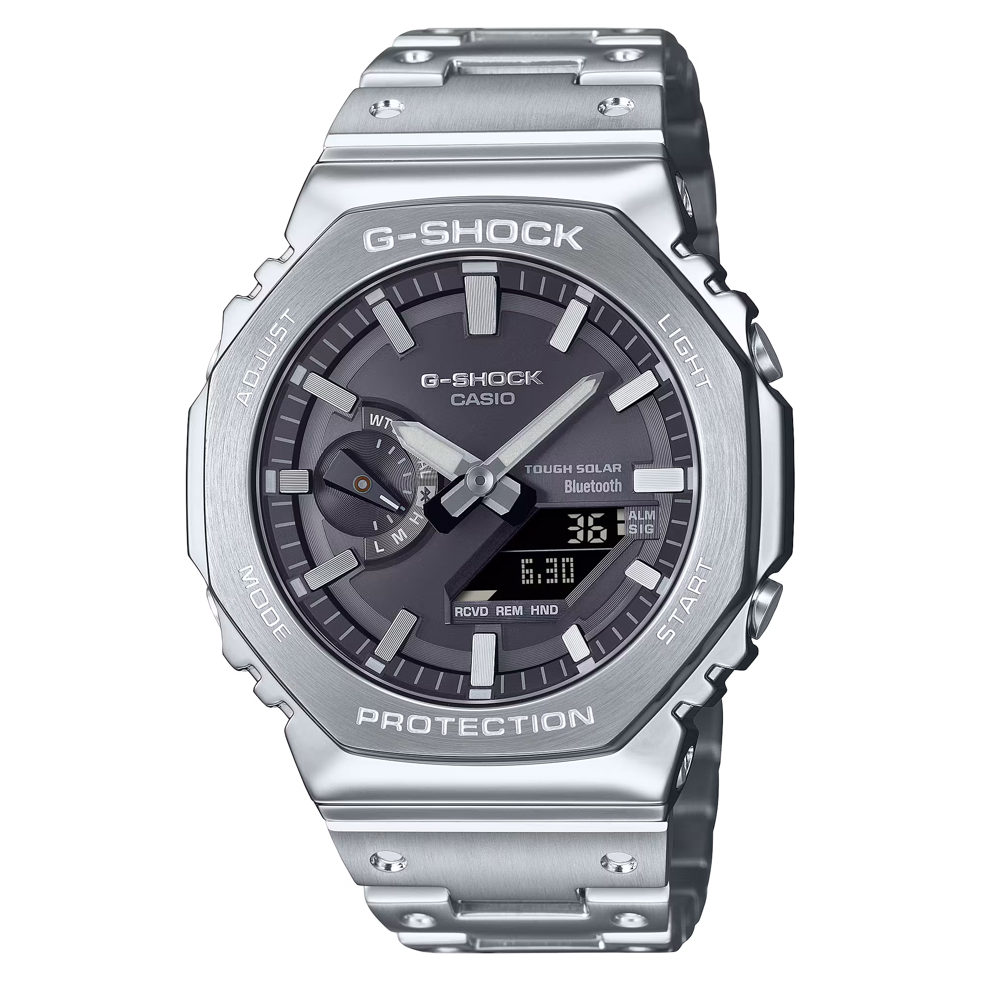 Maak kennis met de volledig metalen toevoeging aan de voortdurend evoluerende 2100-serie van horloges die zijn gebaseerd op de allereerste G-SHOCK ooit: de DW-5000C.

De luxe, volledig metalen constructie, met een geschroefde kastachterkant, rand en band van roestvrij staal, zorgt voor een gestroomlijnd, minimalistisch ontwerp en beschermt het horloge bij vallen tegen schokken. Dankzij de montage met hoge dichtheid blijft het analoog-digitale combinatiehorloge slank, maar biedt het toch de geavanceerde functies die u belangrijk vindt in een compact profiel en een comfortabele pasvorm.

We gaan terug in de tijd met de achthoekige rand en het schakelbandontwerp van het origineel uit 1983, allemaal uitgevoerd in metaal. De roestvrijstalen rand, driedimensionaal gevormd in een tijdrovend proces van smeden, snijden en polijsten, is prachtig afgewerkt met een cirkelvormige haarlijn op de bovenkant en spiegelglans op de schuine kanten.

Er zijn buffercomponenten van fijn hars geïnstalleerd tussen de rand en de kast voor een schokbestendige structuur met een volledig metalen buitenkant.

De verfijnde vormgeving van de wijzerplaat, bereikt met fijne verwerkingstechnologie van Yamagata Casio, wordt gecombineerd met indexen met een afwerking van zilverkleurige dampdepositie voor een opvallend ontwerp en een nog betere afleesbaarheid.

Kan worden gekoppeld met een smartphone via Bluetooth®. Je hoeft alleen maar de speciale app aan te sluiten voor een nauwkeurige tijdregistratie die je op schema houdt. Met Tough Solar, een zeer heldere LED-verlichting en allerlei andere handige functies is dit een uurwerk dat zowel stijlvol als nuttig is.