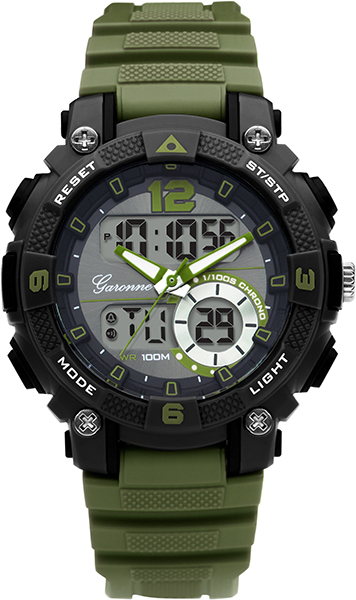 Dit is een horloge van het merk Garonne gemaakt voor jongens.
De specificaties zijn als volgt:
Kastmaat: 38 mm
Kastdikte: 15,2 mm
Bandlengte: 177
Bandbreedte: 16
Waterdichtheid: 10 ATM / 100 Meter / 330 Feet
Dit horloge heeft de volgende functies/eigenschappen:
Datumaanduiding
Dagaanduiding
Alarm
Stopwatch