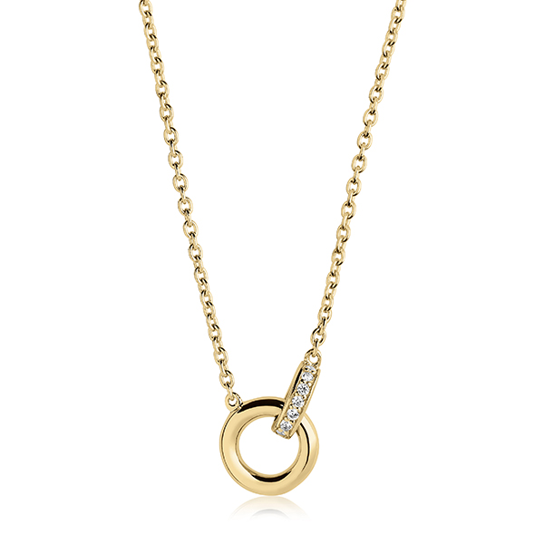 Sif jakobs zilver verguld collier met ronde hanger en linkje met zirkonia steentjes. Collier is verstellen van 45-5-cm. 