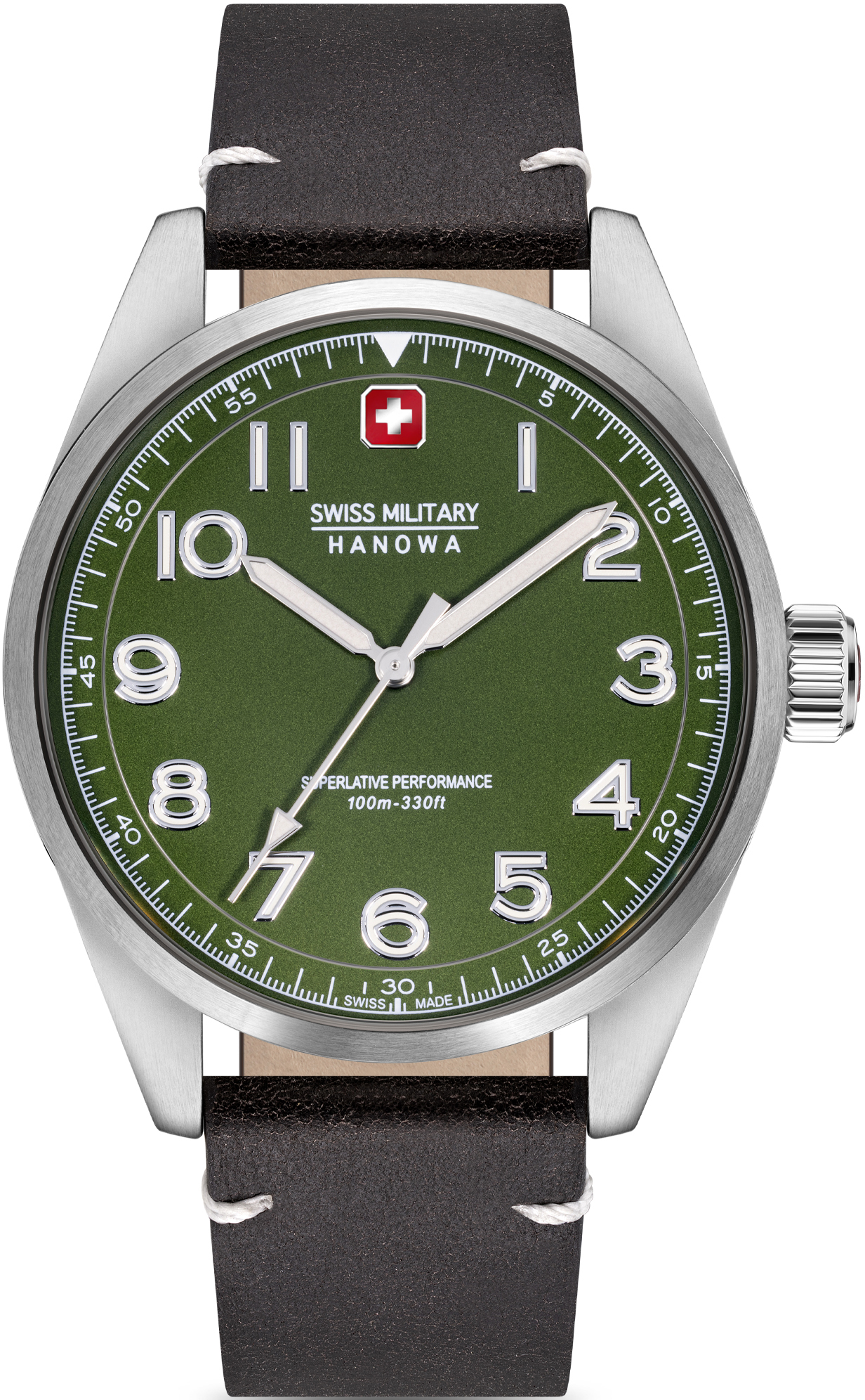 Het Swiss Military Hanowa herenhorloge, model SMWGA2100404, heeft een roestvrijstalen kast, een zwart leren bandje en een groene wijzerplaat met strepen en Arabische cijfers. Het uurwerk is quartz en heeft saffierglas. Het horloge is waterdicht tot 10 bar. Draag dit stijlvolle, zilverkleurige, ronde horloge casual of formeel om uw pols voor elke gelegenheid.