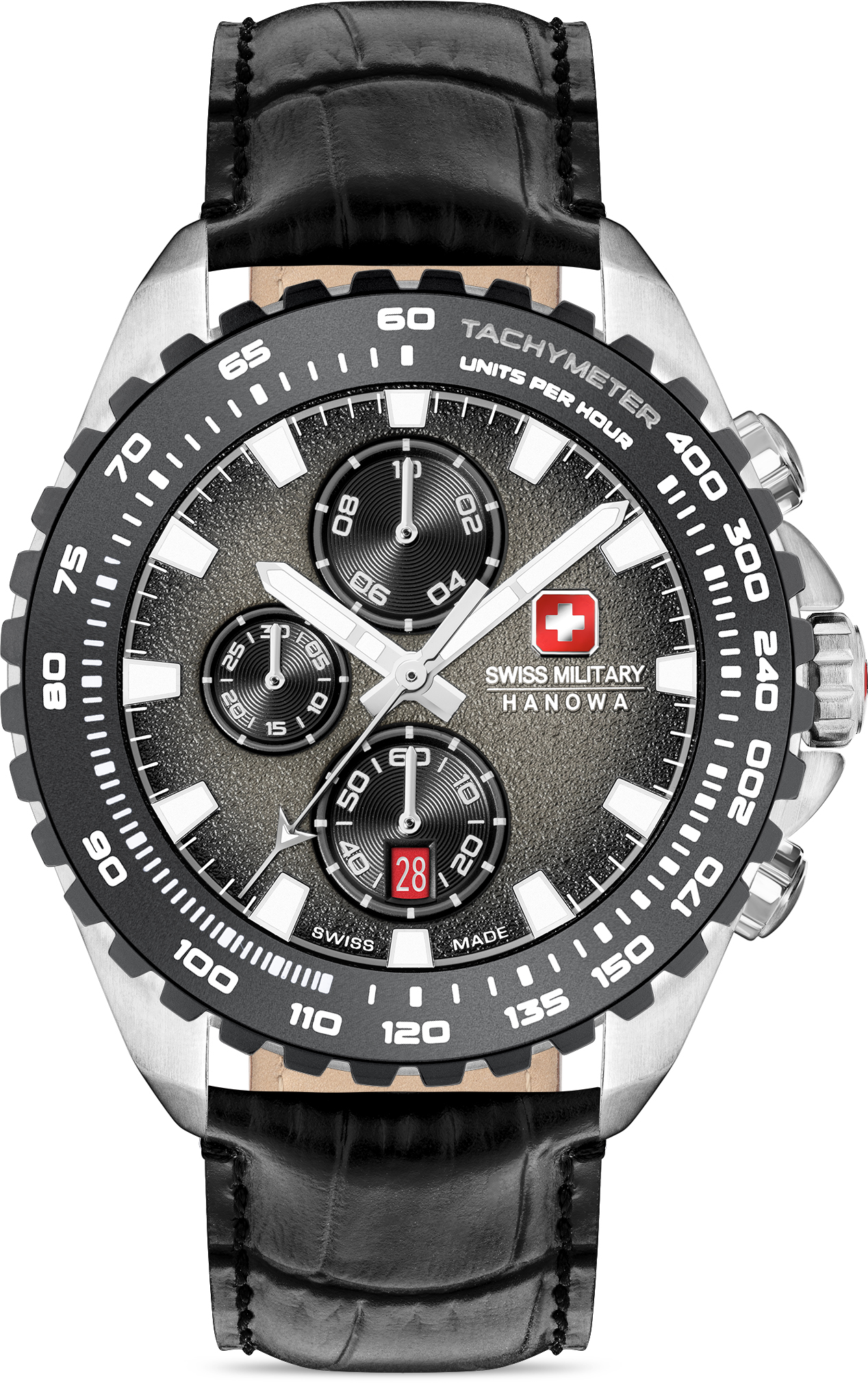 Dit is een horloge van het merk Swiss Military Hanowa gemaakt voor heren.
De specificaties zijn als volgt:
Kastmaat: 45 mm
Waterdichtheid: 10 ATM / 100 Meter / 330 Feet
Dit horloge heeft de volgende functies/eigenschappen:
Chronograaf