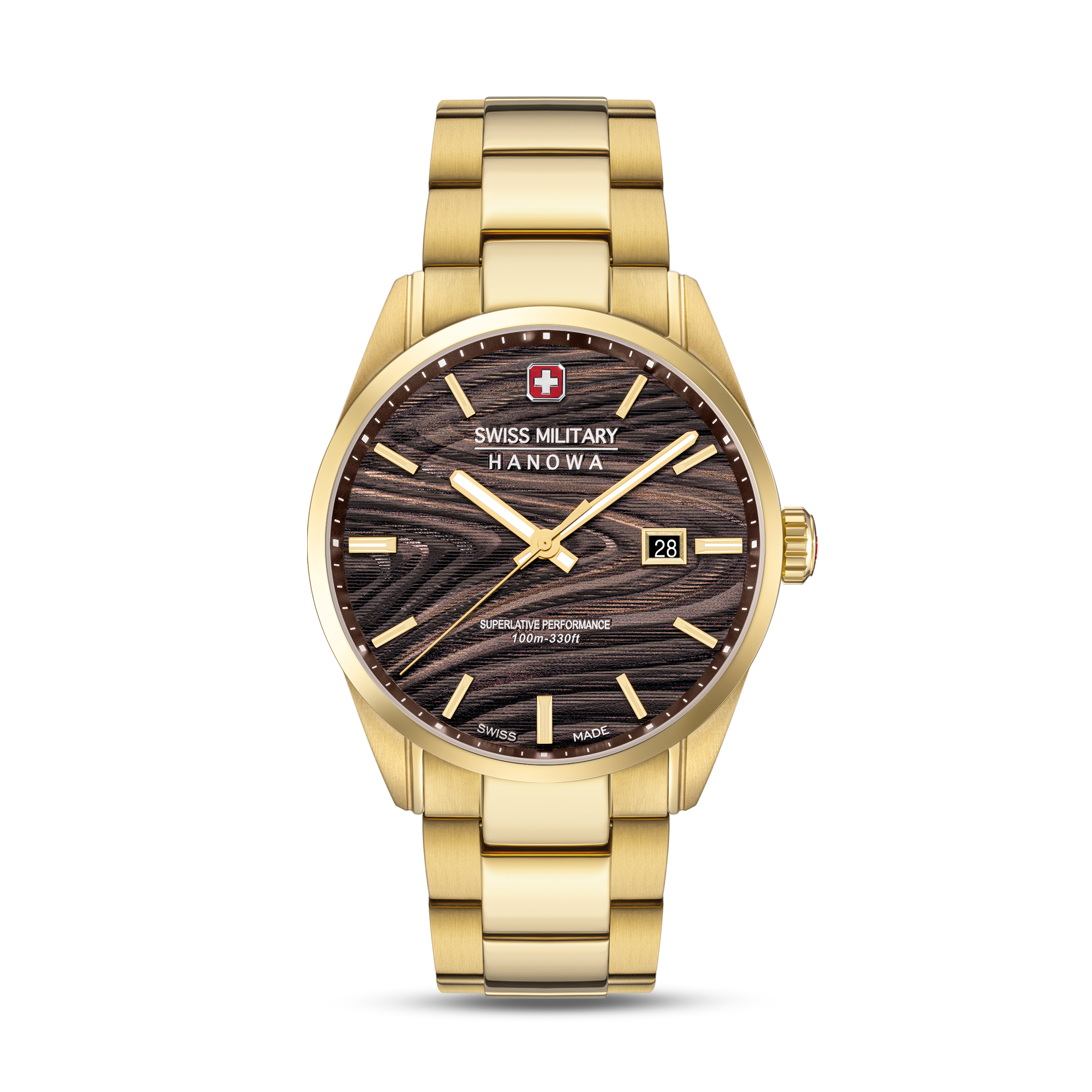 Dit Swiss Military Hanowa herenhorloge (model SMWGH0006010) heeft een zwarte wijzerplaat met strepenpatroon, gouden roestvrijstalen kast en band, en saffierglas. Het horloge is rond, 42 mm groot, beschikt over een quartz uurwerk en datumaanduiding, en is waterbestendig tot 10 ATM. Perfect te dragen bij zowel formele als casual outfits voor een stijlvolle look.