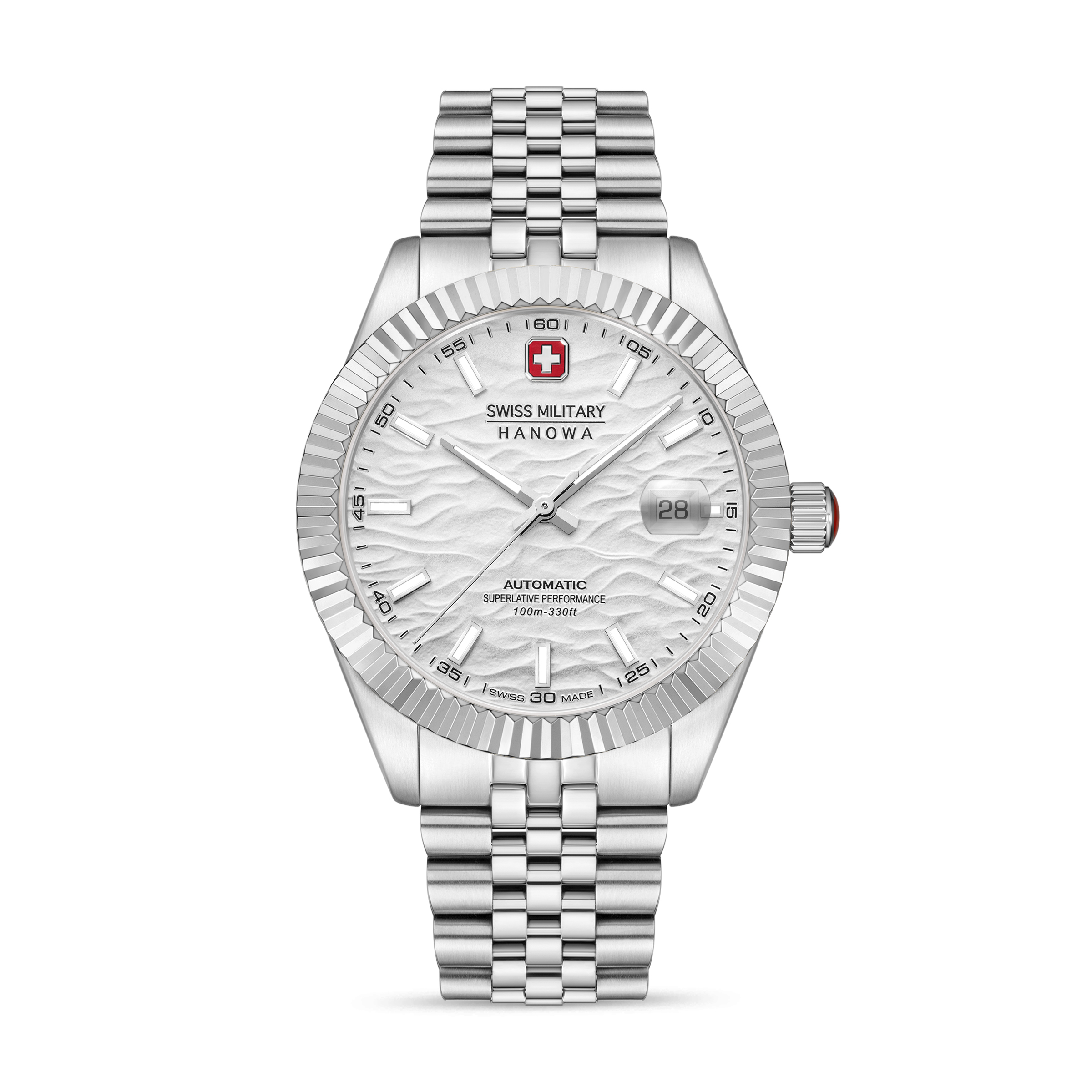Dit Swiss Military Hanowa herenhorloge (modelnummer: SMWGL0005402) biedt een stijlvol design met een zilverkleurige wijzerplaat, band en kast, gemaakt van roestvrij staal. Het horloge heeft saffierglas, automatische beweging, datumfunctie en een waterdichtheid van 10 ATM. Met een kastgrootte van 41 mm, draag dit elegante polshorloge bij zowel formele als casual gelegenheden.