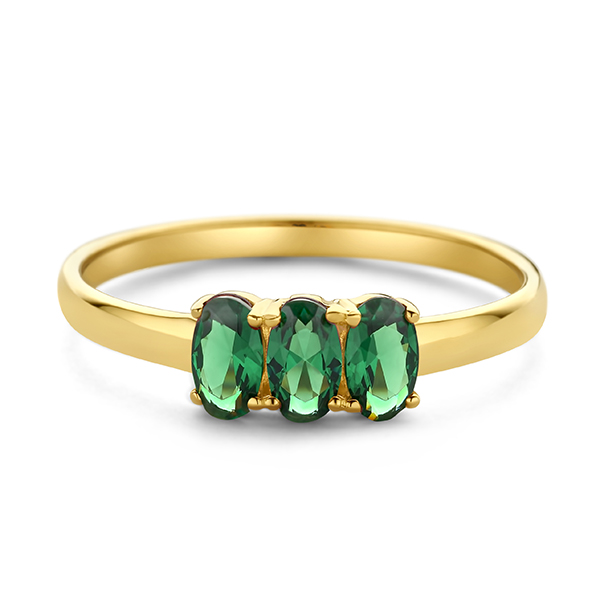 Dit is een 14 Karaats Geelgouden ring van het merk Swing Jewels gezet met 3 smaragd groene ovaal geslepen zirkonia stenen.