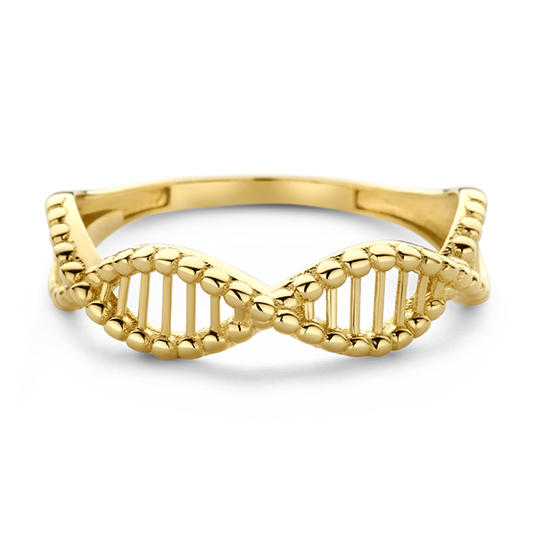 Dit is een 14 karaats geelgouden ring van het merk Swing Jewels.
De ring heeft een design geïnspireerd door het menselijk DNA.