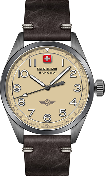 Dit Swiss Military Hanowa herenhorloge, model SMWGA2100440, heeft een beige wijzerplaat met Arabische cijfers en streepjespatroon. De zwarte standaard lederen band, ronde roestvrijstalen kast en saffierglas bieden elegantie en duurzaamheid. Met een quartz uurwerk en waterbestendigheid tot 10 ATM is dit horloge perfect voor dagelijks gebruik of formele gelegenheden. Draag het met casual of zakelijke kleding.