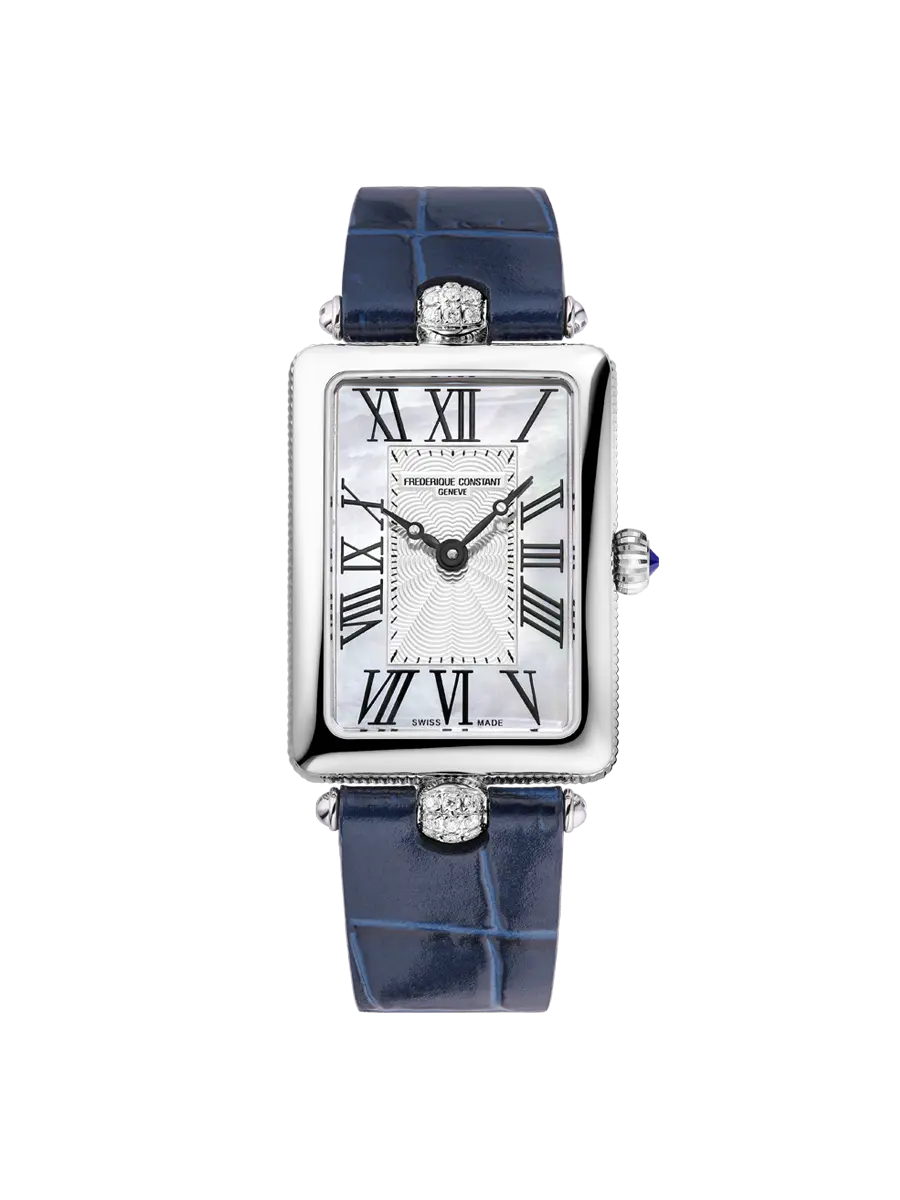 Frederique Constant Art Deco Carrée model FC-200MPW2AC2D6.
Het klassieke art déco carrée-model heeft een gepolijste rechthoekige kast en een gecanneleerde band en is geïnspireerd op de verfijnde dames van eind jaren twintig. De parelmoeren wijzerplaat is voorzien van Romeinse cijfers voor een compromisloos elegante touch.