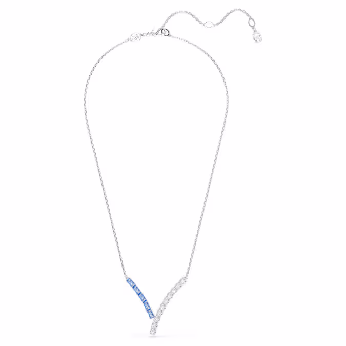 Deze heldere hanger wordt elegant tot leven gebracht door een V-vormig silhouet met rhodium toplaag. Het slanke ontwerp is voorzien van heldere en blauwe Swarovski Zirkonia, gepresenteerd in een levendige mix van ronde en baguette-slijpvormen. Dit moderne sieraad, dat aan een delicaat collier hangt, past perfect bij andere Matrix-stukken om energie en glans aan elke outfit toe te voegen.
