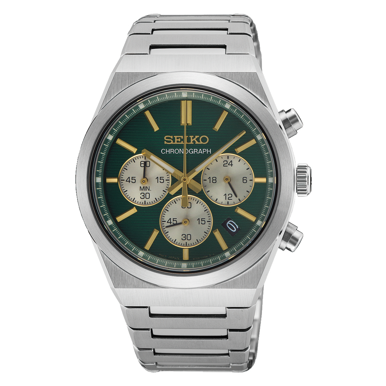 Dit is een herenhorloge van het merk Seiko. Het is een chronograaf horloge gemaakt van staal. De diameter van de kast is 40 mm en de kast is 11.5 mm dik.
De verdere specificaties van het horloge zijn als volgt:
Kastkleur: zilverkleurig
Kastmateriaal: staal
Bandbreedte: 20 mm
Bandlengte: 245 mm
Sluiting: vouwsluiting met drukker
Wijzerplaatkleur: groen
Glassoort: saffier glas
Waterdichtheid: 10 ATM
Techniek: quartz