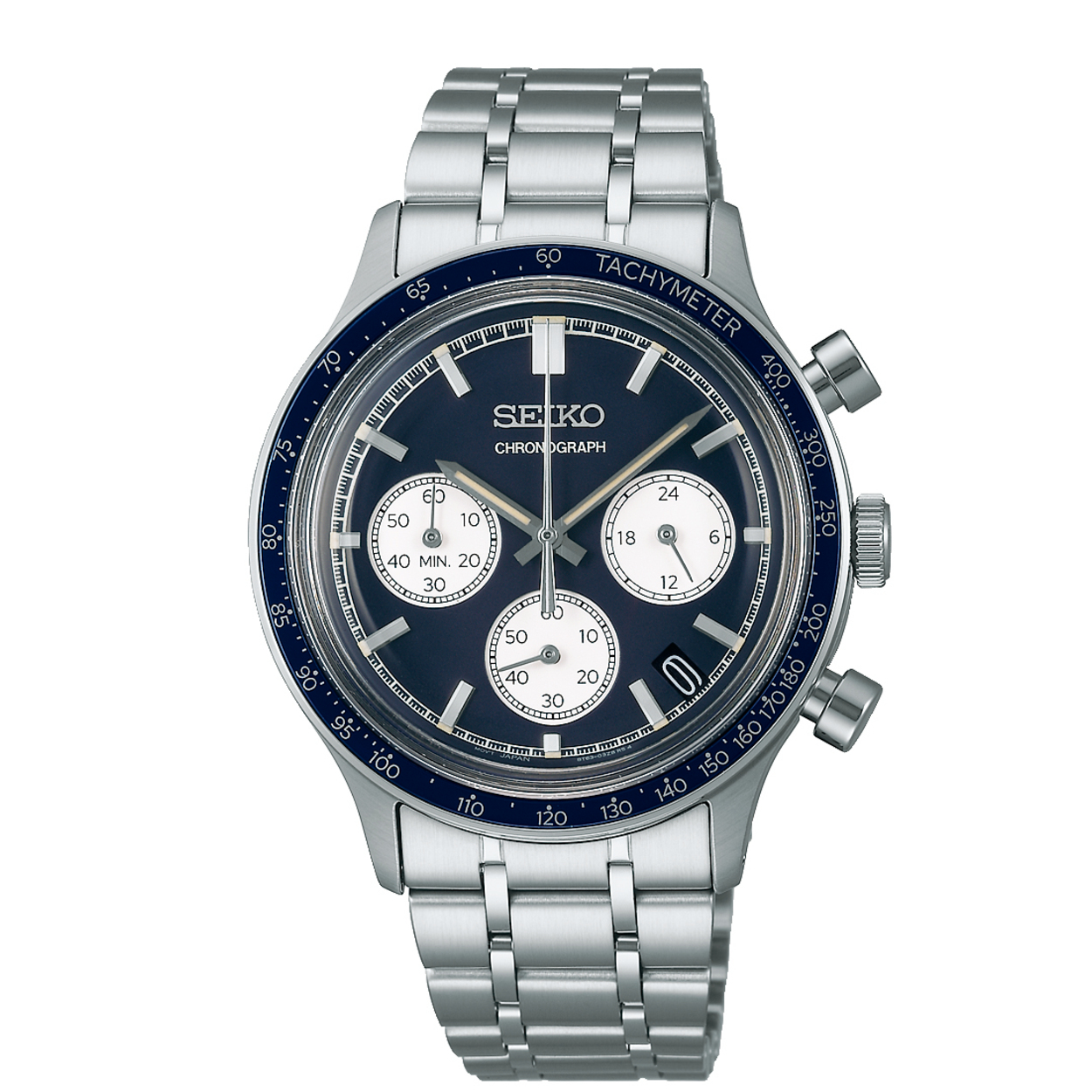 Dit is een herenhorloge van het merk Seiko. Het is een chronograaf horloge gemaakt van staal. De diameter van de kast is 38.7 mm en de kast is 12.55 mm dik.
De verdere specificaties van het horloge zijn als volgt:
Kastkleur: zilverkleurig
Kastmateriaal: staal
Bandbreedte: 15 mm
Bandlengte: 248.7 mm
Sluiting: vouwsluiting met drukker
Wijzerplaatkleur: blauw
Glassoort: hardlex mineraal glas
Waterdichtheid: 5 ATM
Techniek: quartz