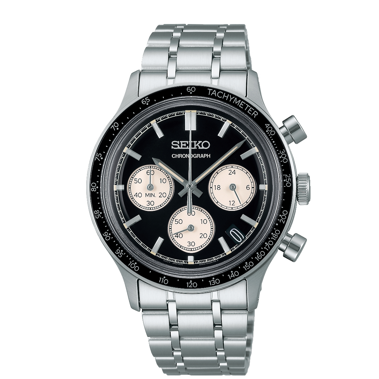 Dit is een herenhorloge van het merk Seiko. Het is een chronograaf horloge gemaakt van staal. De diameter van de kast is 38.7 mm en de kast is 12.55 mm dik.
De verdere specificaties van het horloge zijn als volgt:
Kastkleur: zilverkleurig
Kastmateriaal: staal
Bandbreedte: 15 mm
Bandlengte: 248.7 mm
Sluiting: vouwsluiting met drukker
Wijzerplaatkleur: zwart
Glassoort: hardlex mineraal glas
Waterdichtheid: 5 ATM
Techniek: quartz