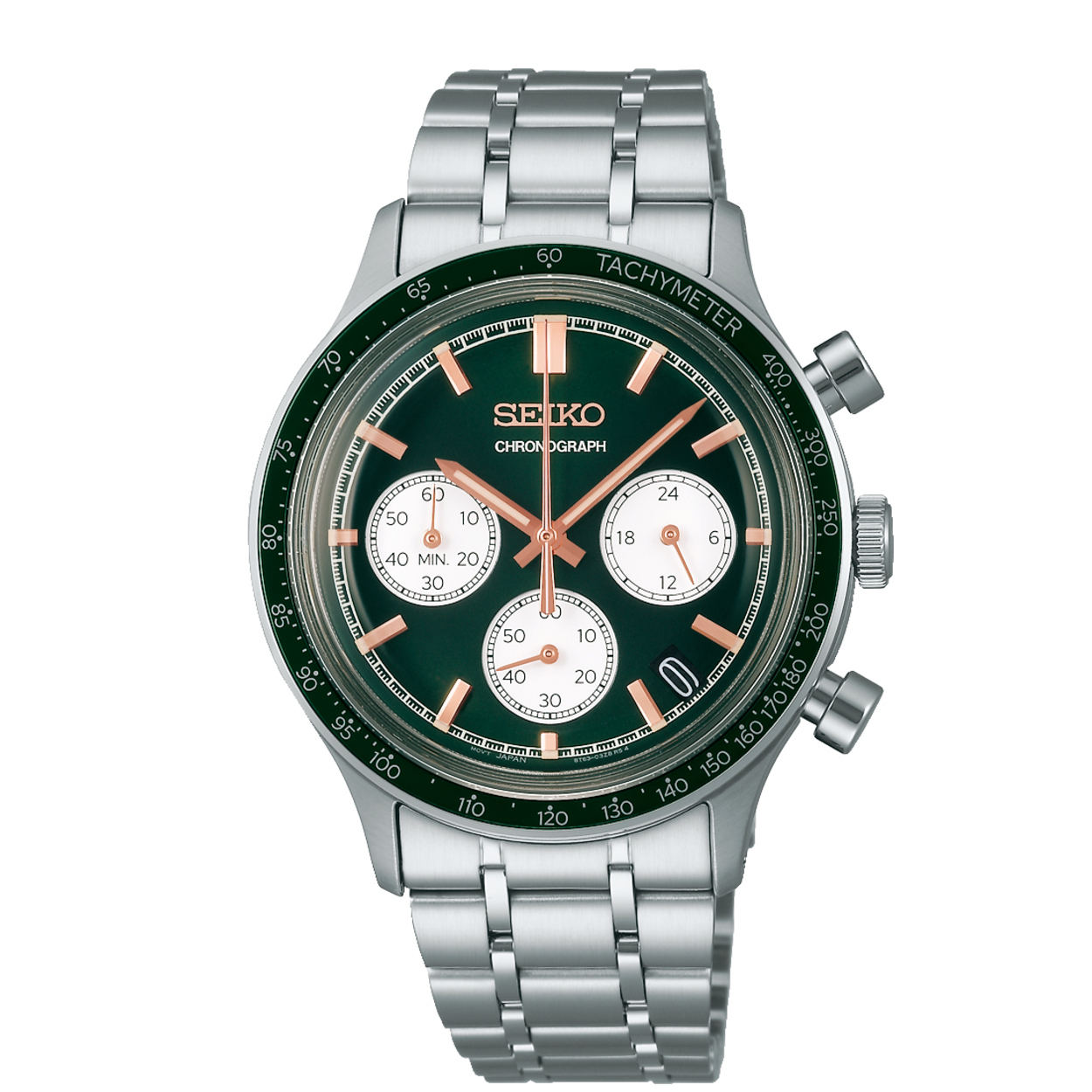 Dit is een herenhorloge van het merk Seiko. Het is een chronograaf horloge gemaakt van staal. De diameter van de kast is 38.7 mm en de kast is 12.55 mm dik.
De verdere specificaties van het horloge zijn als volgt:
Kastkleur: zilverkleurig
Kastmateriaal: staal
Bandbreedte: 15 mm
Bandlengte: 248.7 mm
Sluiting: vouwsluiting met drukker
Wijzerplaatkleur: groen
Glassoort: hardlex mineraal glas
Waterdichtheid: 5 ATM
Techniek: quartz