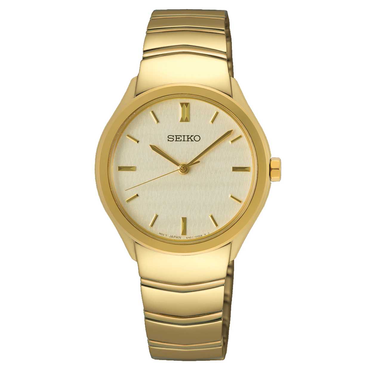 Dit is een dameshorloge van het merk Seiko. Het is een analoog horloge gemaakt van staal. De diameter van de kast is 30 mm en de kast is 7 mm dik.
De verdere specificaties van het horloge zijn als volgt:
Kastvorm: rond
Kastkleur: goudkleurig
Kastmateriaal: staal
Bandbreedte: 7.6 mm
Bandlengte: 220 mm
Sluiting: vouwsluiting met drukker
Wijzerplaatkleur: champagne
Glassoort: hardlex mineraal glas
Waterdichtheid: 5 ATM
Techniek: quartz