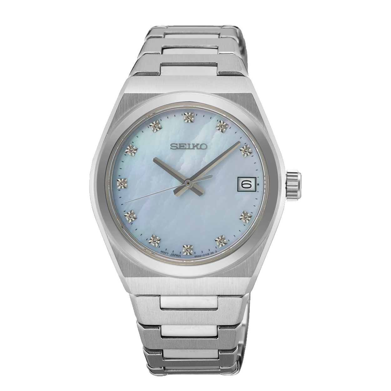 Seiko dames horloge;stalen band en kast, blauwe parelmoer wijzerplaat ,et diamantjes als index, datum, saffierglas