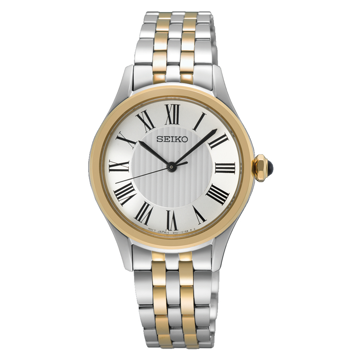 Dit is een dameshorloge van het merk Seiko. Het is een analoog horloge gemaakt van staal. De diameter van de kast is 29.6 mm en de kast is 6.18 mm dik.
De verdere specificaties van het horloge zijn als volgt:
Kastvorm: rond
Kastkleur: zilverkleurig
Kastmateriaal: staal
Bandbreedte: 12 mm
Bandlengte: 219.6 mm
Sluiting: vouwsluiting met drukker
Wijzerplaatkleur: wit
Glassoort: saffier glas
Waterdichtheid: 5 ATM
Techniek: quartz