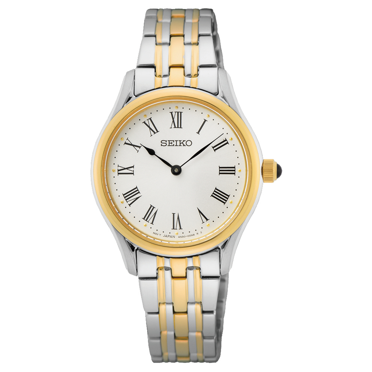 Dit is een dameshorloge van het merk Seiko. Het is een analoog horloge gemaakt van staal. De diameter van de kast is 29 mm en de kast is 7 mm dik.
De verdere specificaties van het horloge zijn als volgt:
Kastvorm: rond
Kastkleur: tweekleurig
Kastmateriaal: staal
Bandbreedte: 12 mm
Bandlengte: 196 mm
Sluiting: vouwsluiting met drukker
Wijzerplaatkleur: wit
Glassoort: saffier glas
Waterdichtheid: 5 ATM
Techniek: quartz