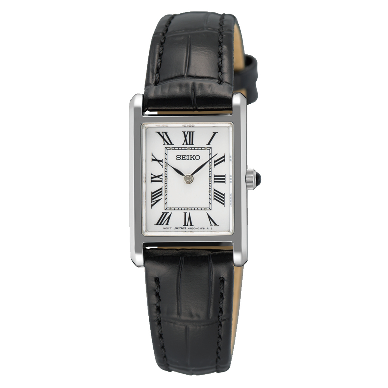 Seiko horloge met lederen band, rechthoek staal/zwart romein