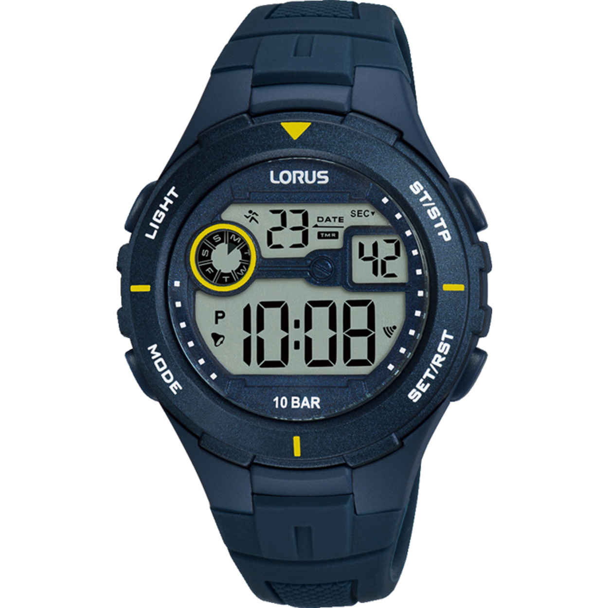 De LORUS HORLOGE is een digitale polshorloge met een blauwe ronde kunststof siliconen kast en band. Het heeft een datumaanduiding, is antiallergisch, waterbestendig tot 10 ATM, en voorzien van een lichtfunctie. Perfect voor dagelijks gebruik en sportieve activiteiten. Draag het om uw pols voor een stijlvolle, functionele look. Gewicht: 26g, maat: 36mm.