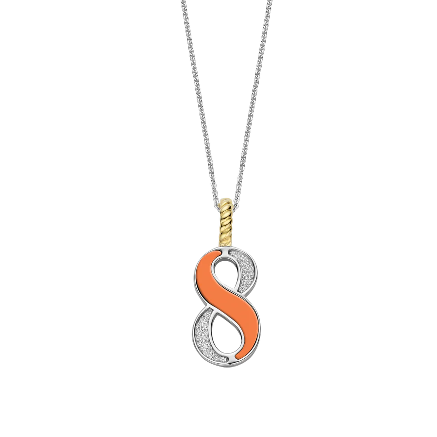 Omarm levendige energie met deze TI SENTO Nummer Acht Zilveren Hanger 6841OR_8. Gemaakt van hoogwaardig 925 sterling zilver en verzilverd om een langdurige glans te waarborgen, heeft deze hanger een opvallend ontwerp van het cijfer acht. Het cijfer is versierd met een betoverende oranje steen, die warmte en optimisme oproept. Een sprankelend pavé van witte cubic zirconia steentjes maakt het ontwerp compleet en biedt een prachtig contrast. De clipring is verguld, wat een luxueuze en stralende uitstraling geeft. Acht symboliseert oneindigheid, harmonie en manifestatie. Oranje, een kleur van creativiteit en enthousiasme, geeft deze hanger een dynamische uitstraling. Dit sieraad is perfect voor de moderne vrouw die op zoek is naar zelfverzekerdheid en vitaliteit. Laat deze hanger de vonk zijn die je dag laat stralen. Draag hem solo voor een gedurfd statement of combineer hem met andere geluksgetal-hangers voor een gelaagde look die vertrouwen en allure uitstraalt. De hanger wordt geleverd met een delicate zilveren ketting van 45 cm en is hypoallergeen en nikkelvrij, wat zorgt voor langdurig comfort en kwaliteit.