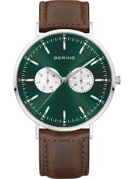 Bering horloge
Groene wijzerplaat
Bruin leren band
Zilverkleurige lunette
