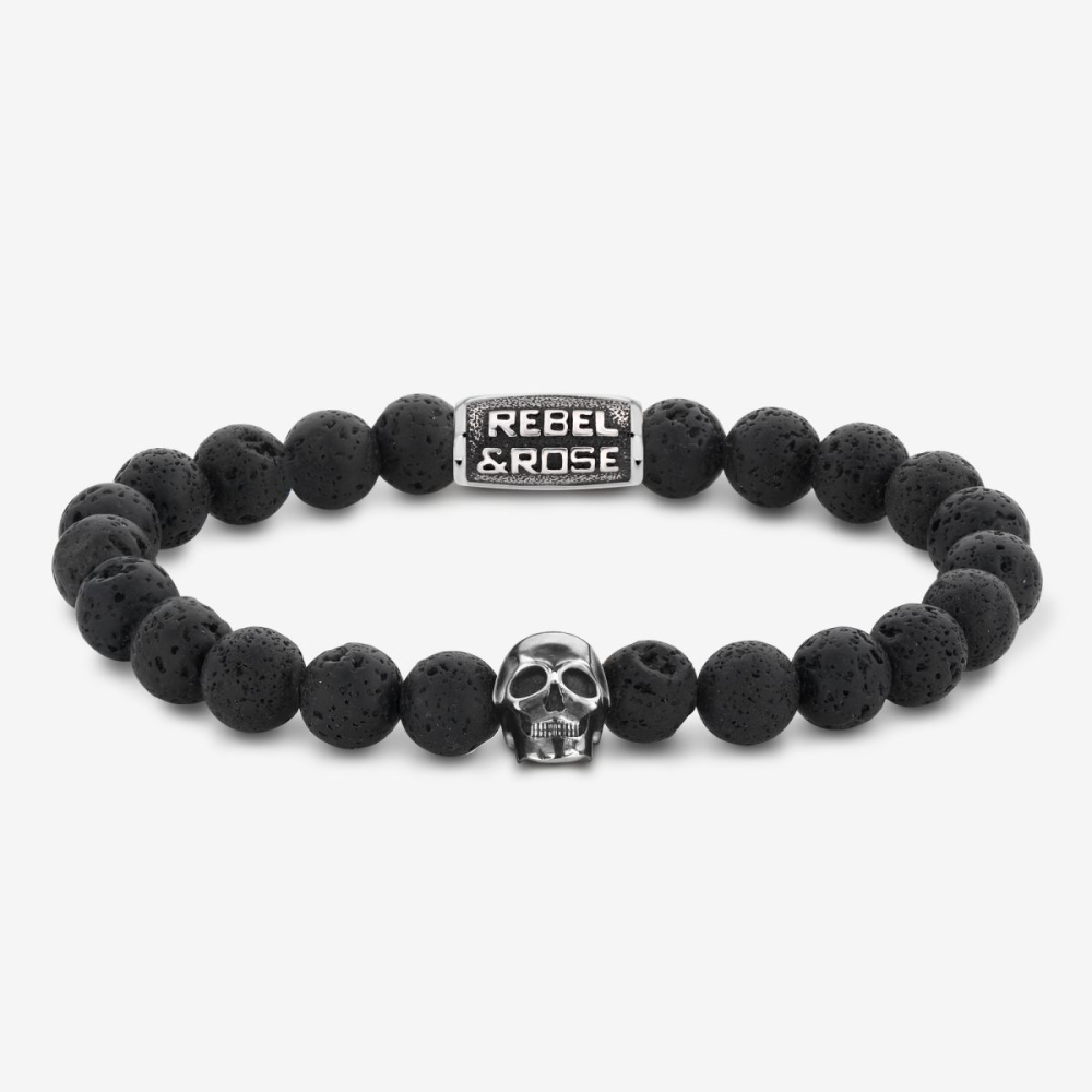 Armband van het merk Rebel & Rose. De armband heeft een hoogwaardige elastische stretch koord, met 8mm van Lavasteen.