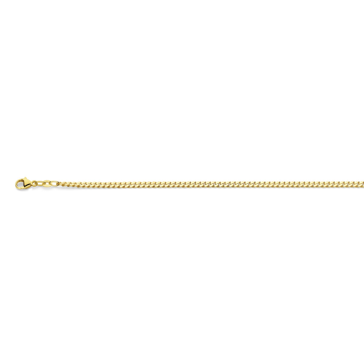 14k Geelgouden lengte-artikel met een gourmette schakel en een karabijn sluiting. De schakelbreedte is 2.1mm