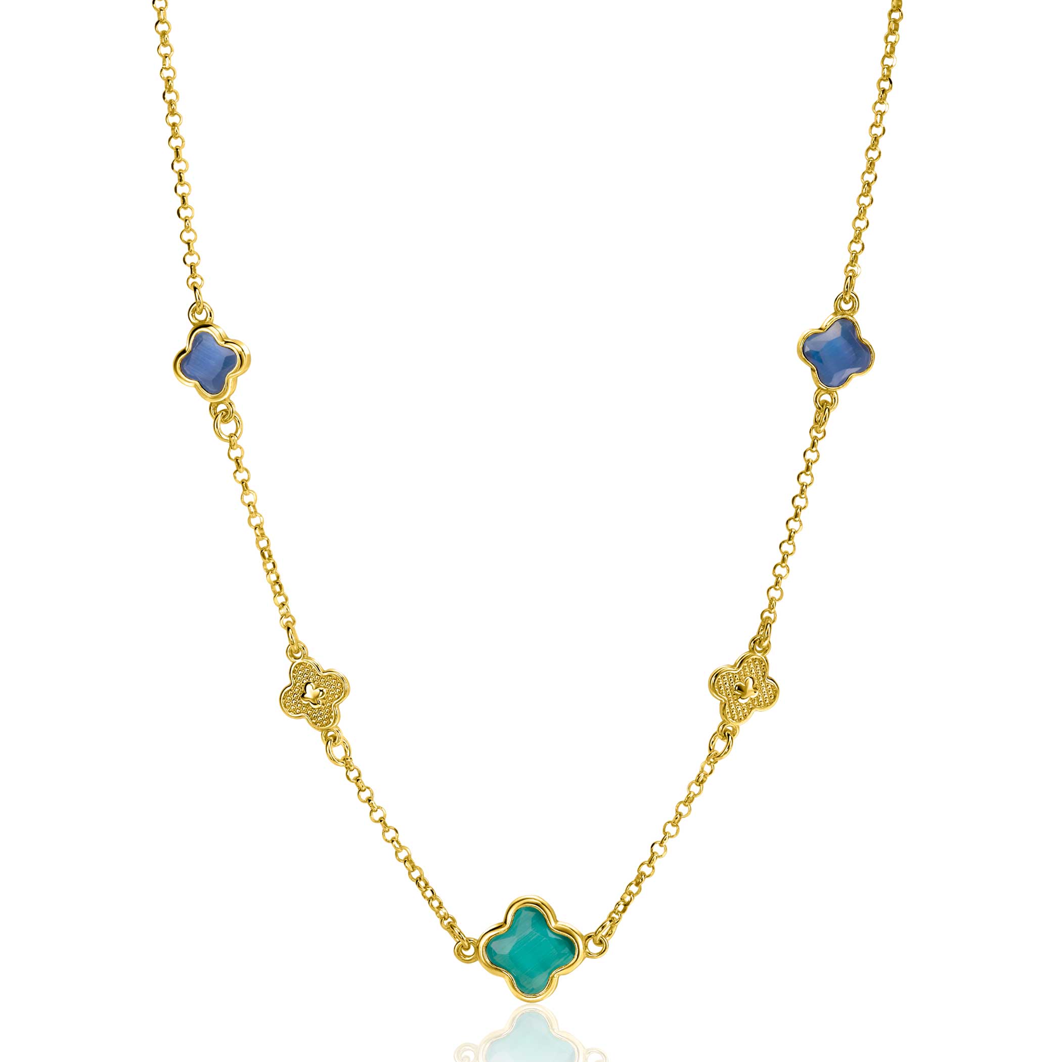 zilveren Zinzi collier, verguld klaver blauw/groen