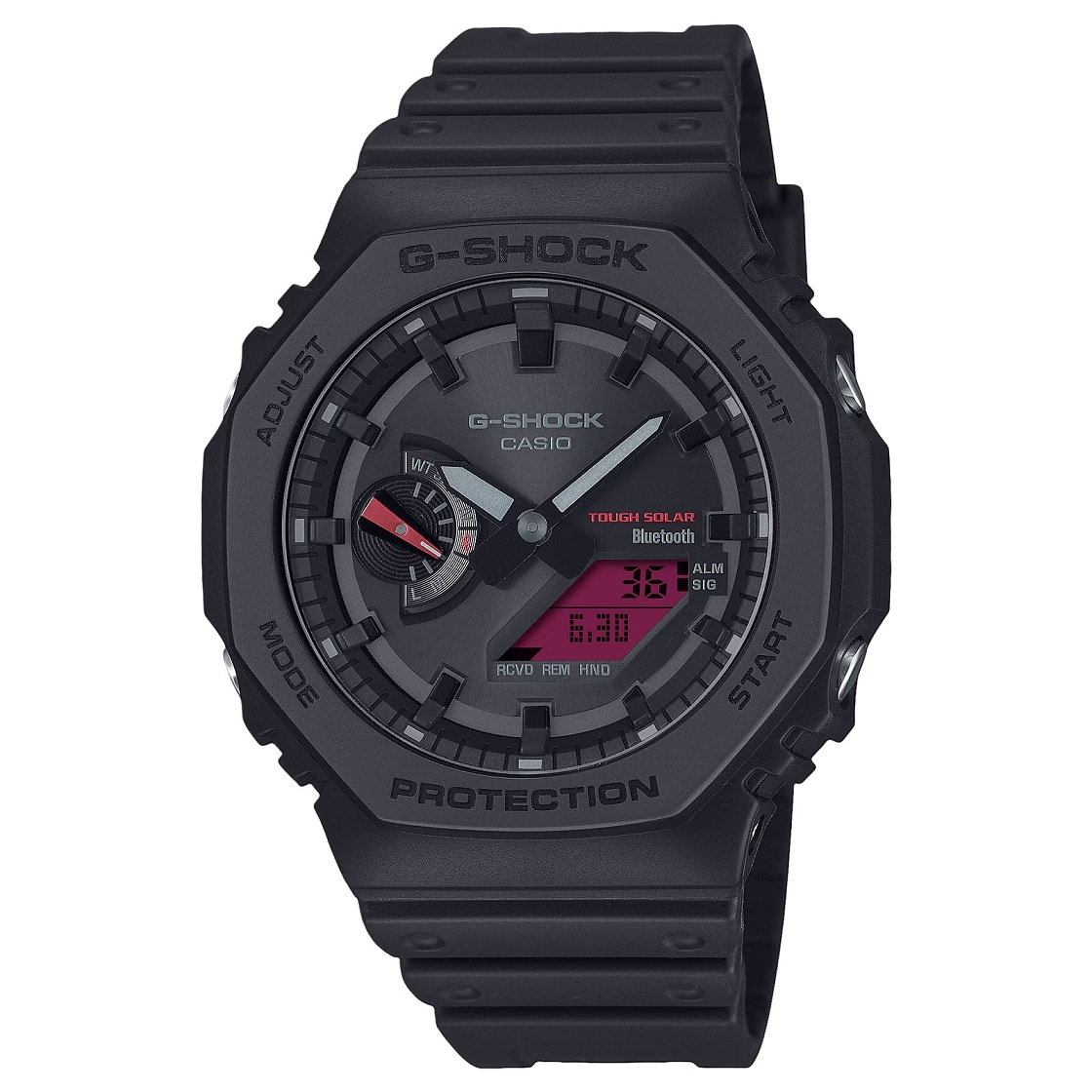 Ga voor gedurfd, stoer en intens met de zwart-rode collectie van G-SHOCK.

De levendige, dieprode kleur van het LCD-scherm steekt echt af tegen de zwarte rand, horlogeband en wijzerplaat, wat niet alleen de zichtbaarheid verbetert, maar ook de grenzen van een gedurfd ontwerp verlegt.

Activeer de achtergrondverlichting om het digitale display te verlichten voor een nog betere zichtbaarheid. 

Maak een uniek statement in volledig zwart met een vleugje gedurfd rood.