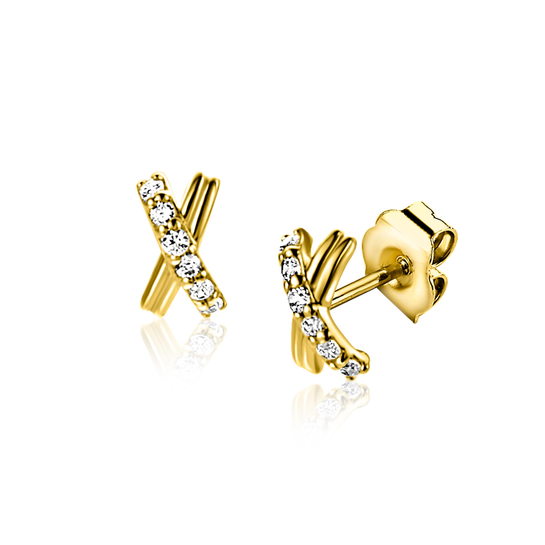 ZINZI Gold 14 krt gouden oorstekers met X-vorm, bezet met witte zirkonia's. De oorstekers zijn 6mm. Vervaardigd van geheel 14 karaat goud (585).